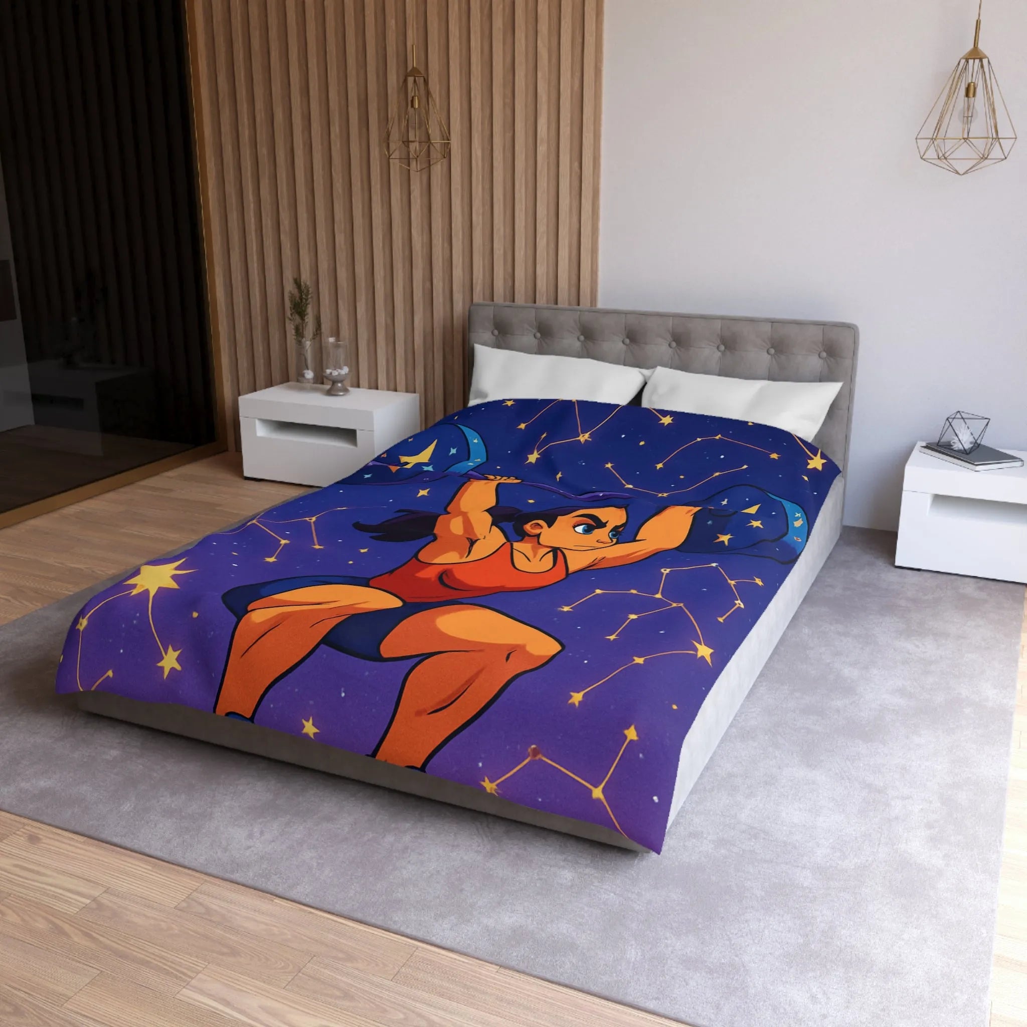 Housse de Couette Athlétique Femme Soulevant Poids Sous Ciel Étoilé et Constellations