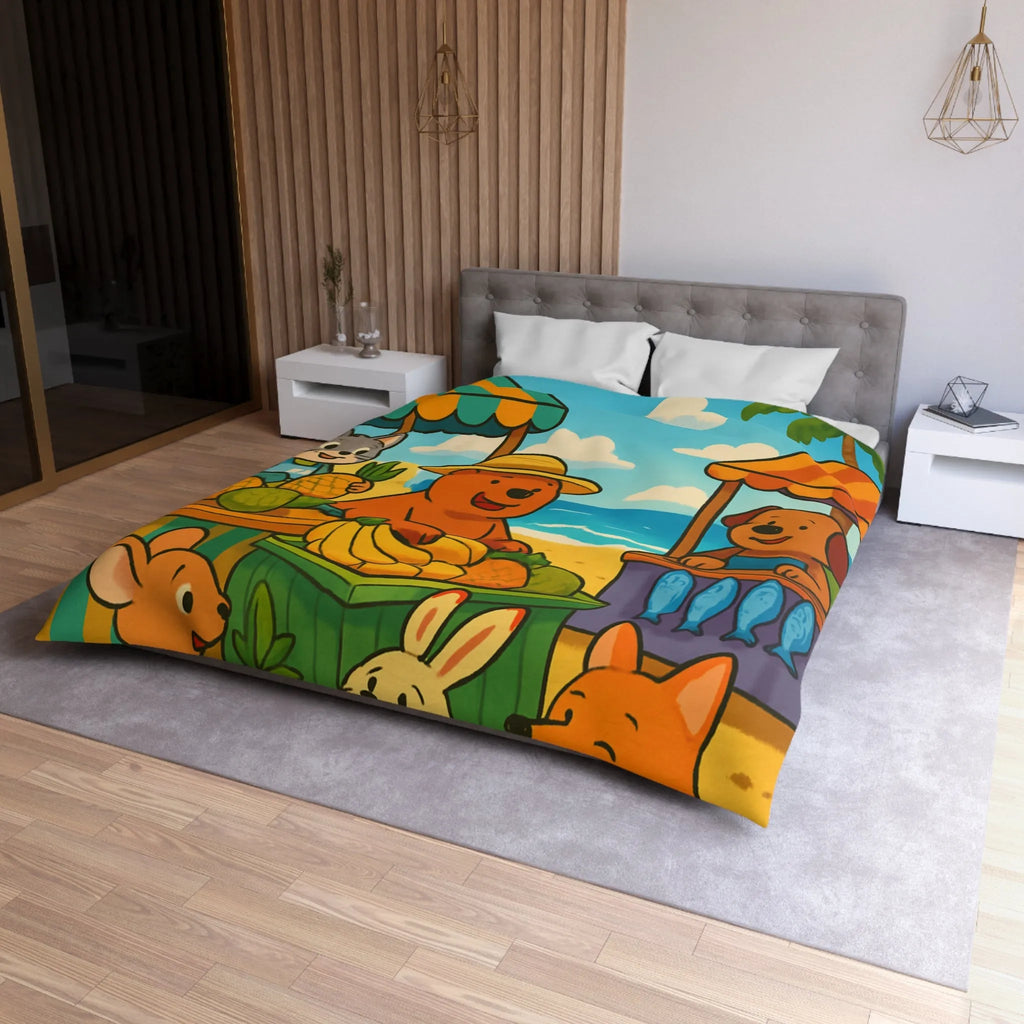 Housse de couette enfant avec animaux mignons sur plage et étals de fruits