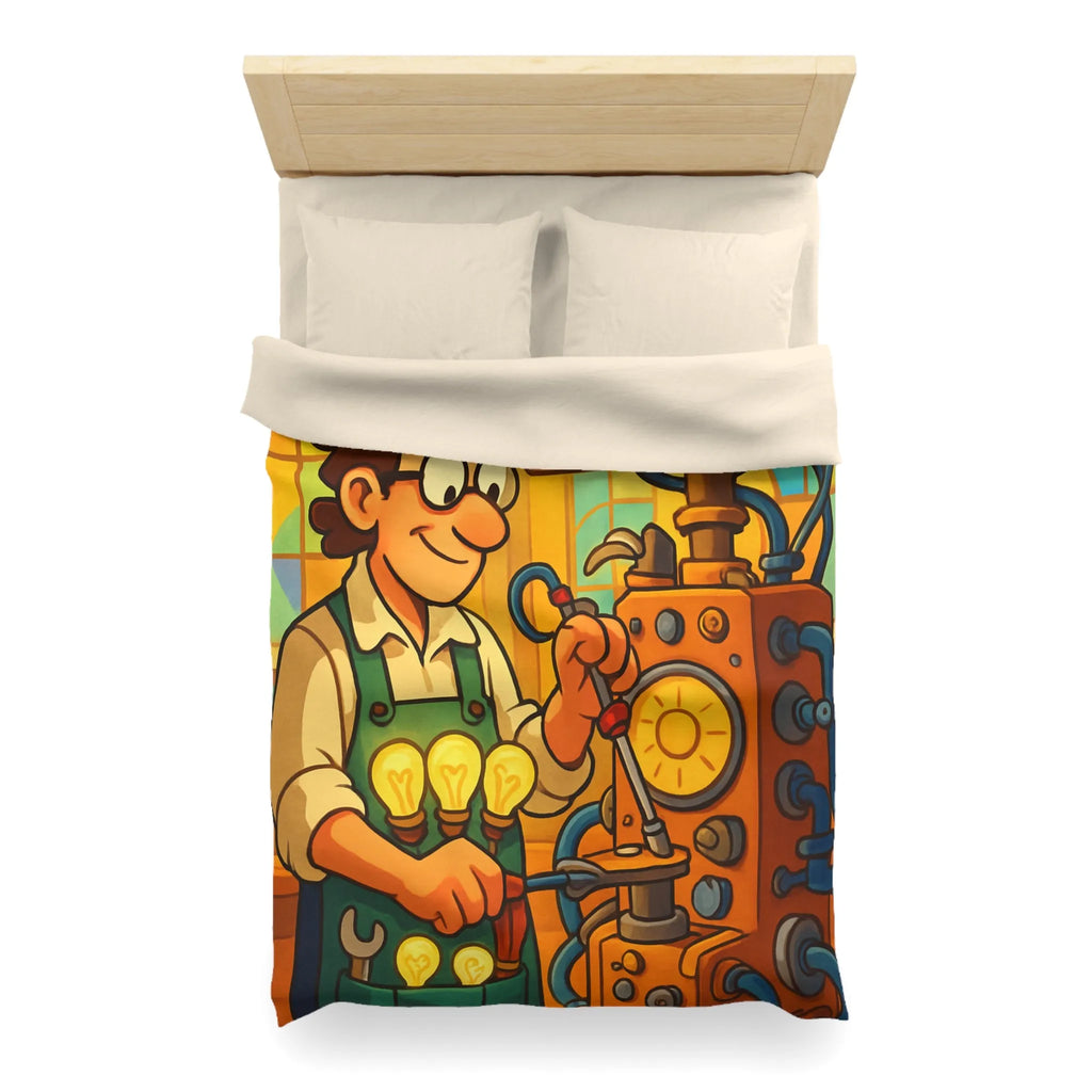 Housse de Couette Illustre Inventeur avec Machine Énergétique et Vitrail Coloré Artistique