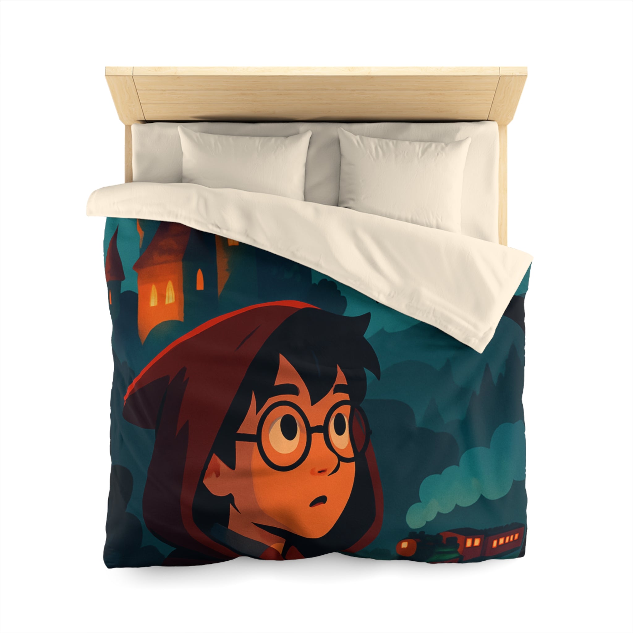 Housse de couette mystique avec château, héros et hibou pour chambre enchantée