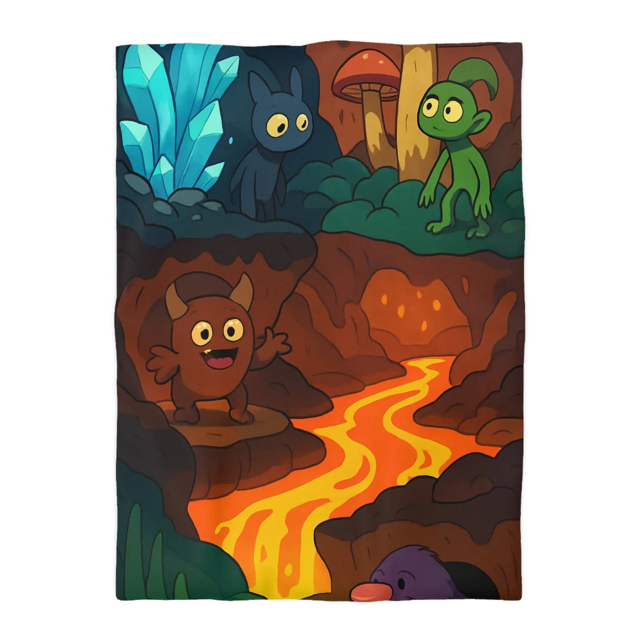 Housse de Couette Enfant Paradis Souterrain Magique avec Créatures Mystiques et Cristaux Lumineux
