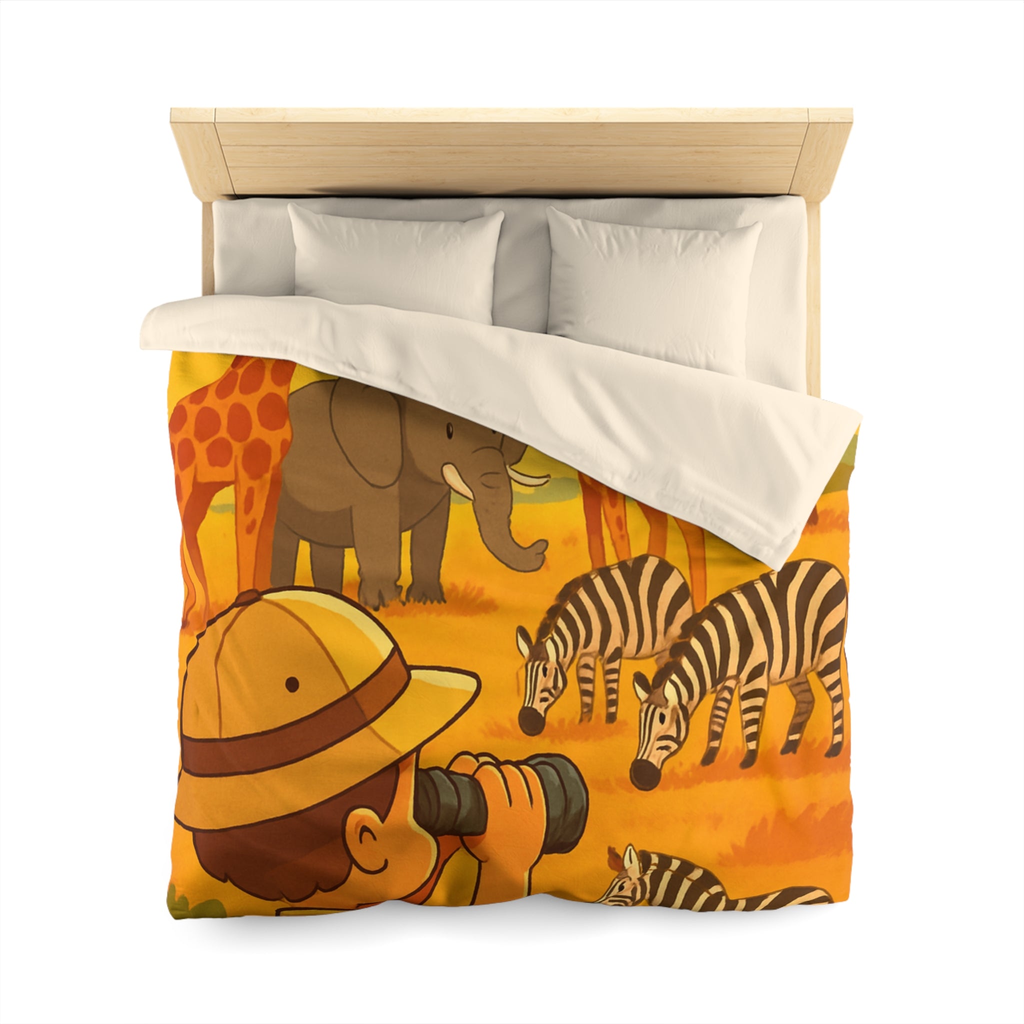 Housse de couette safari enfant avec éléphant, girafes et zèbres dans savane ensoleillée