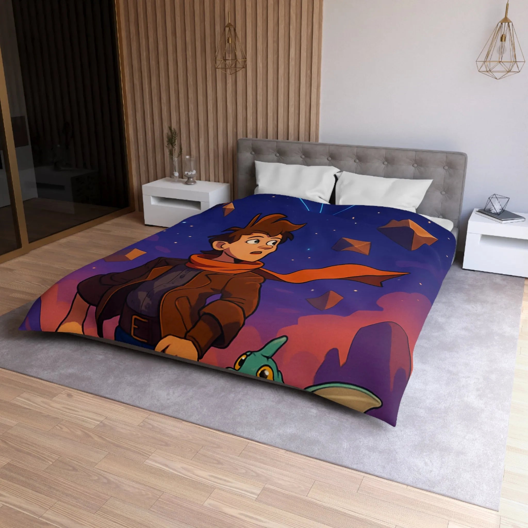 Housse de couette aventure nuit étoilée avec enfant et dragon mignon