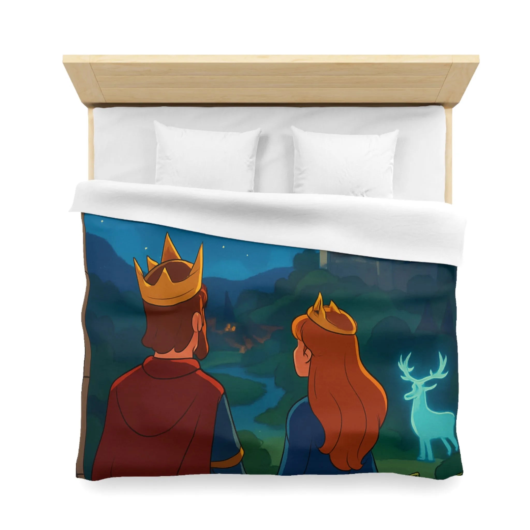 Housse de couette magique avec roi, reine et château sous ciel étoilé enchanté