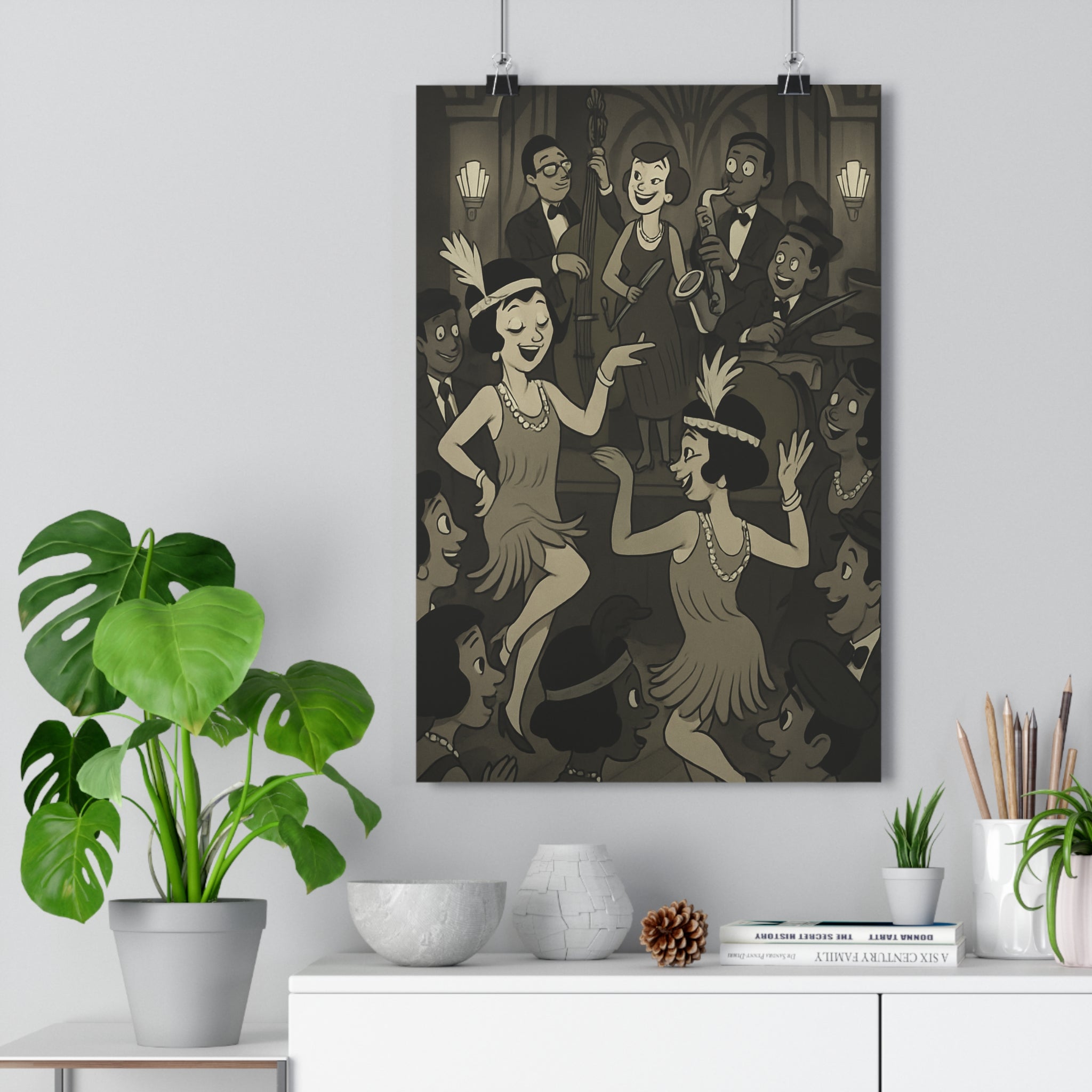 Poster décoratif vintage art déco noir blanc danse musique salon élégant rétro joyeux ambiance