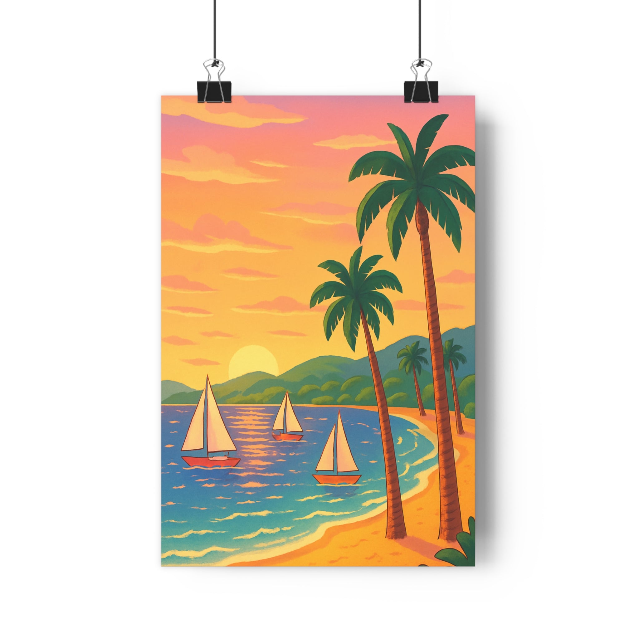 Poster décoratif méditerranéen coucher soleil pastel cartoon salon chambre paisible plage voiliers palmiers élégance