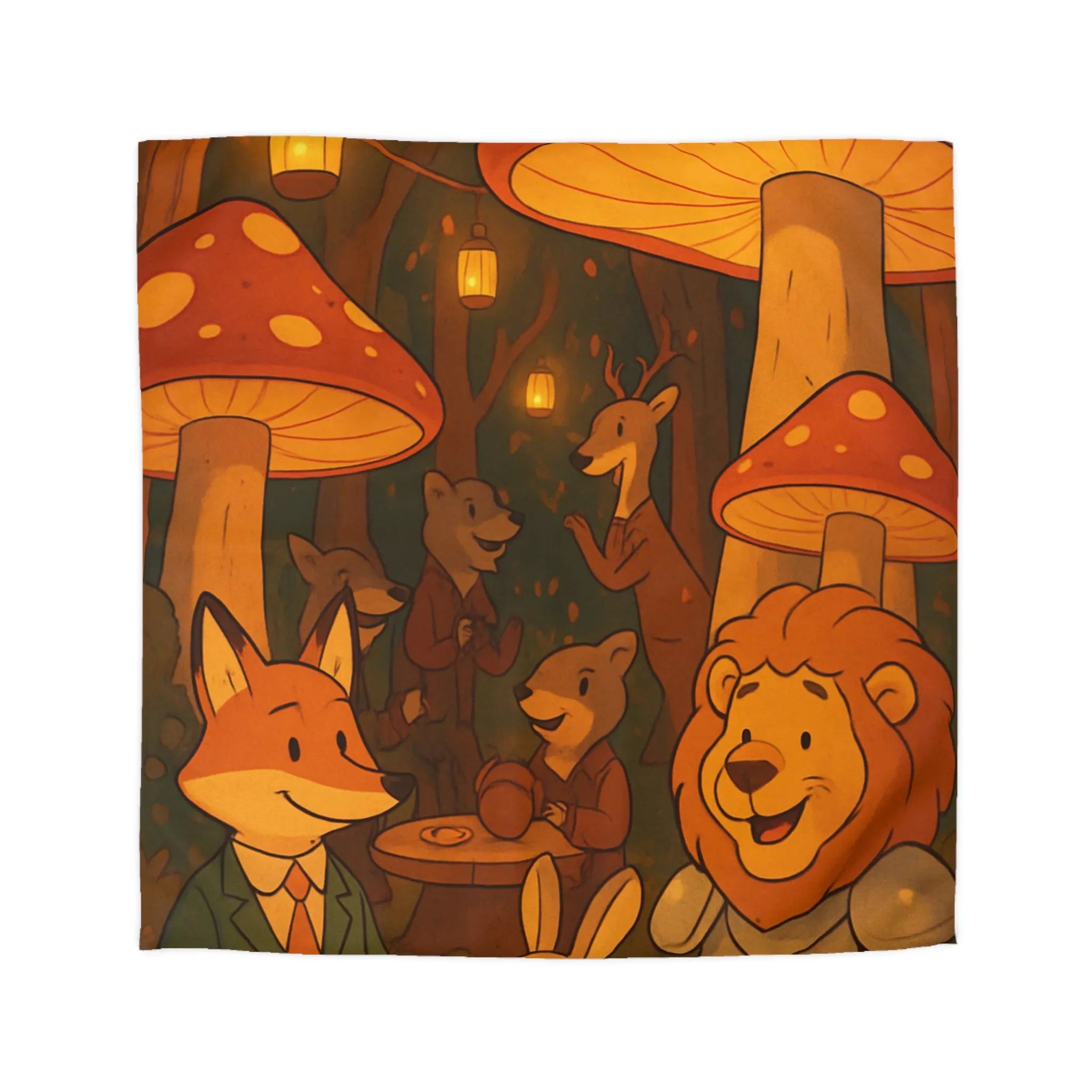 Housse de couette enchantée avec animaux sous champignons géants dans une forêt magique