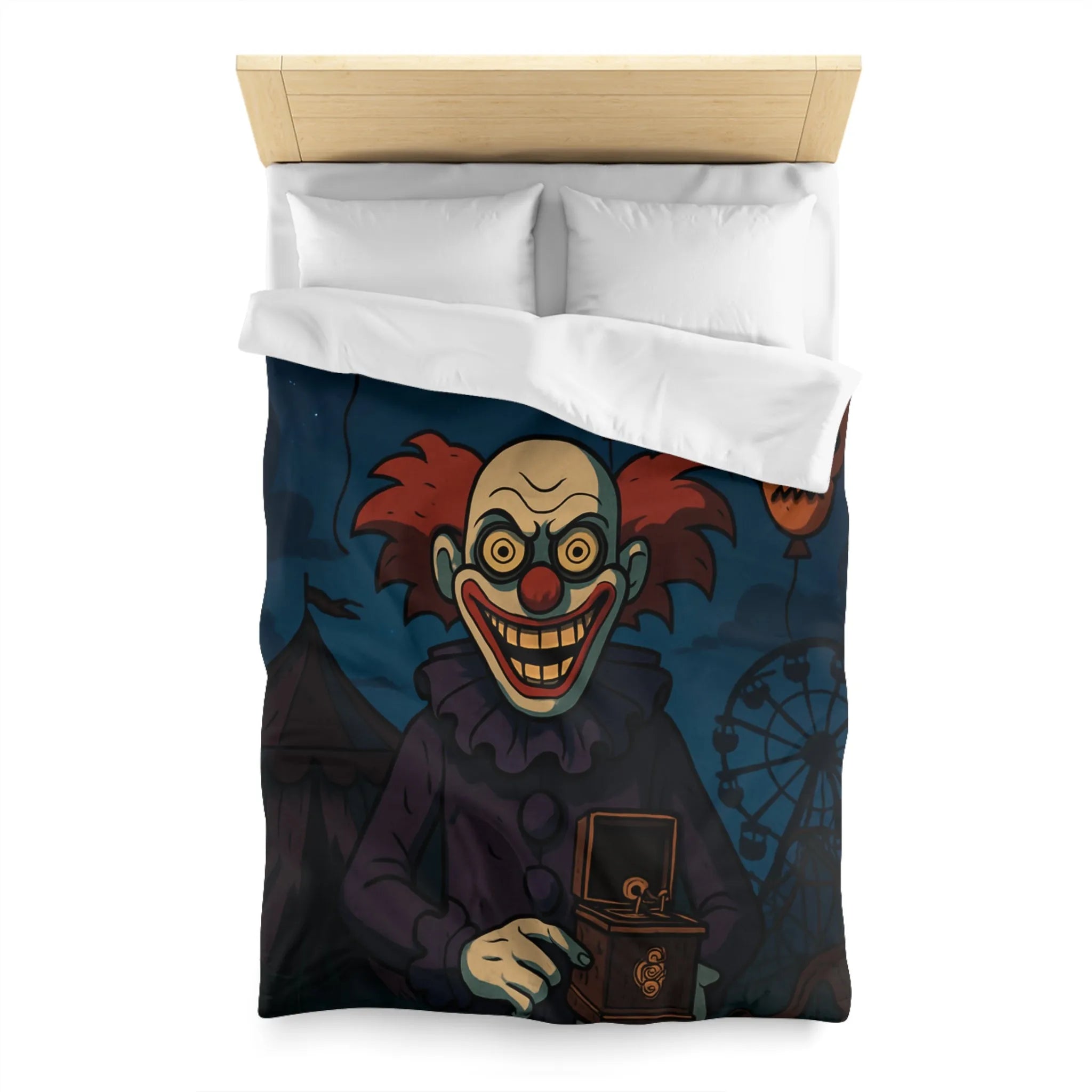 Housse de couette effrayante de clown sinistre avec ballons et fête foraine sombre
