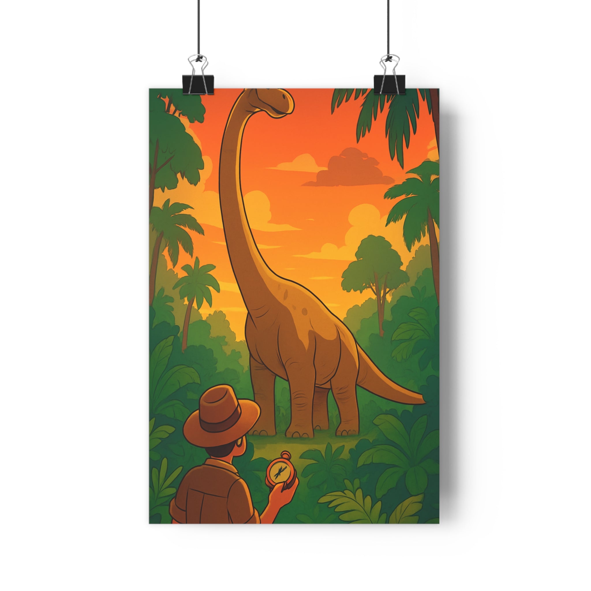Poster décoratif aventure cartoon vibrant coloré joyeux chambre enfant salon nature explorateur dinosaure végétation