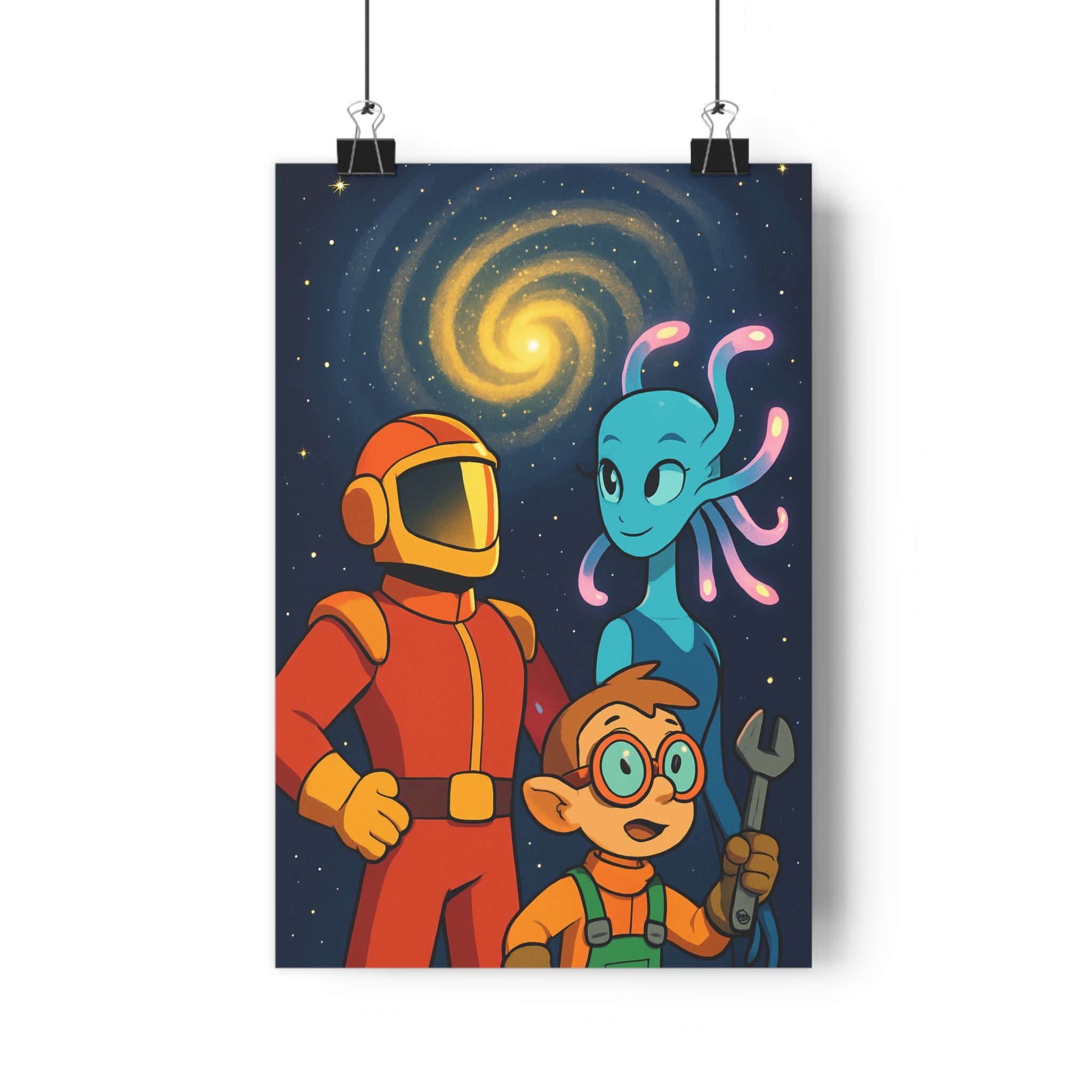 Poster décoratif moderne orange bleu astronaute créature galaxie adventure enfant chambre vintage tendance qualité