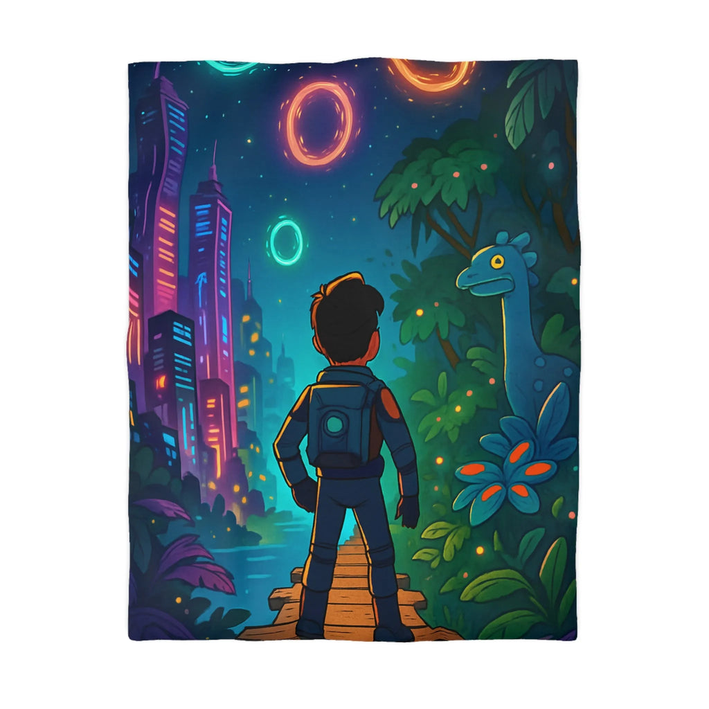 Housse de couette aventure futuriste avec paysage de ville et créature magique