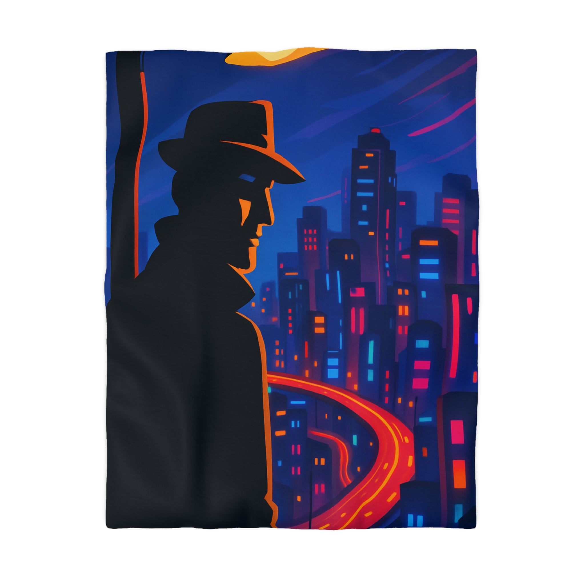 Housse de couette rétro mystérieuse avec silhouette urbaine nocturne et routes lumineuses