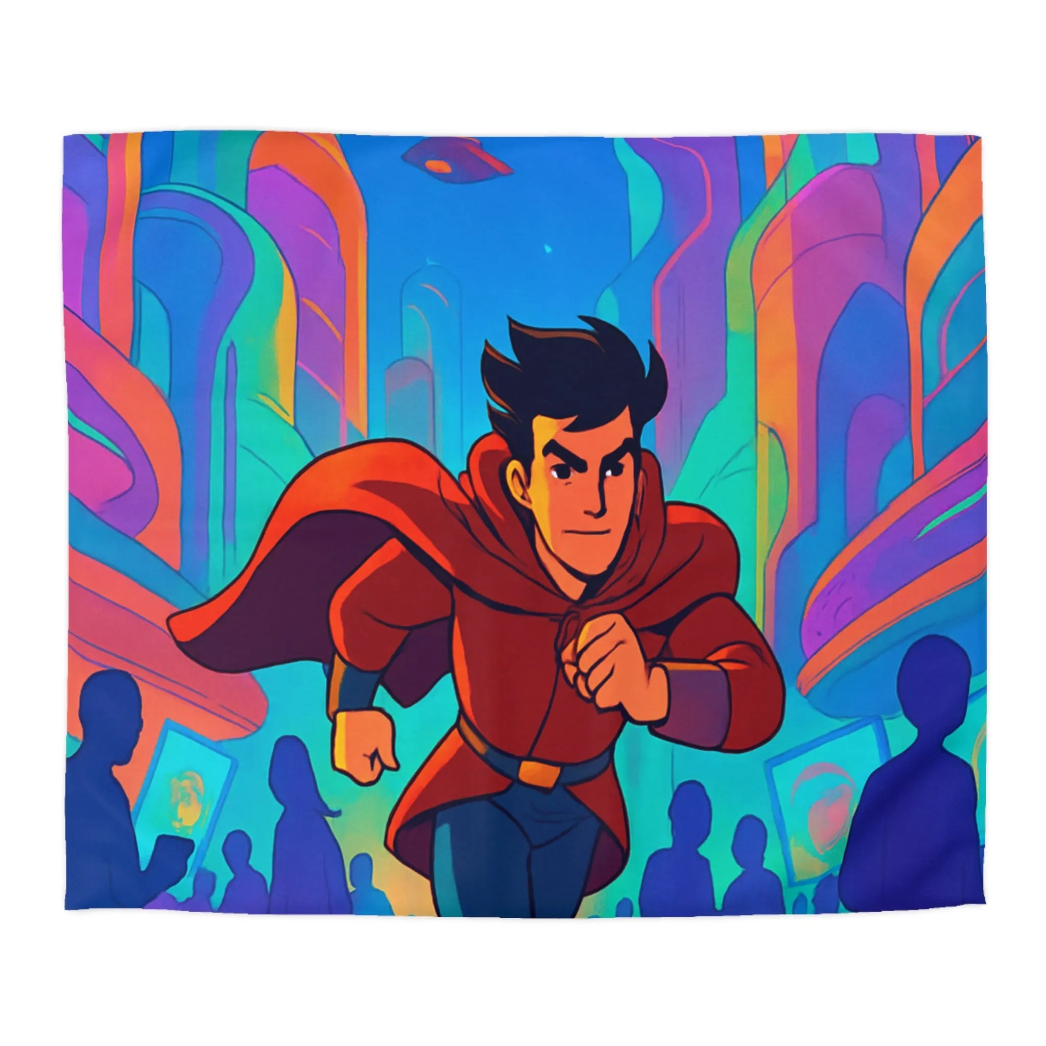 Housse de Couette avec Héros Futuriste Rouge Courant dans Ville Colorée et Dynamique