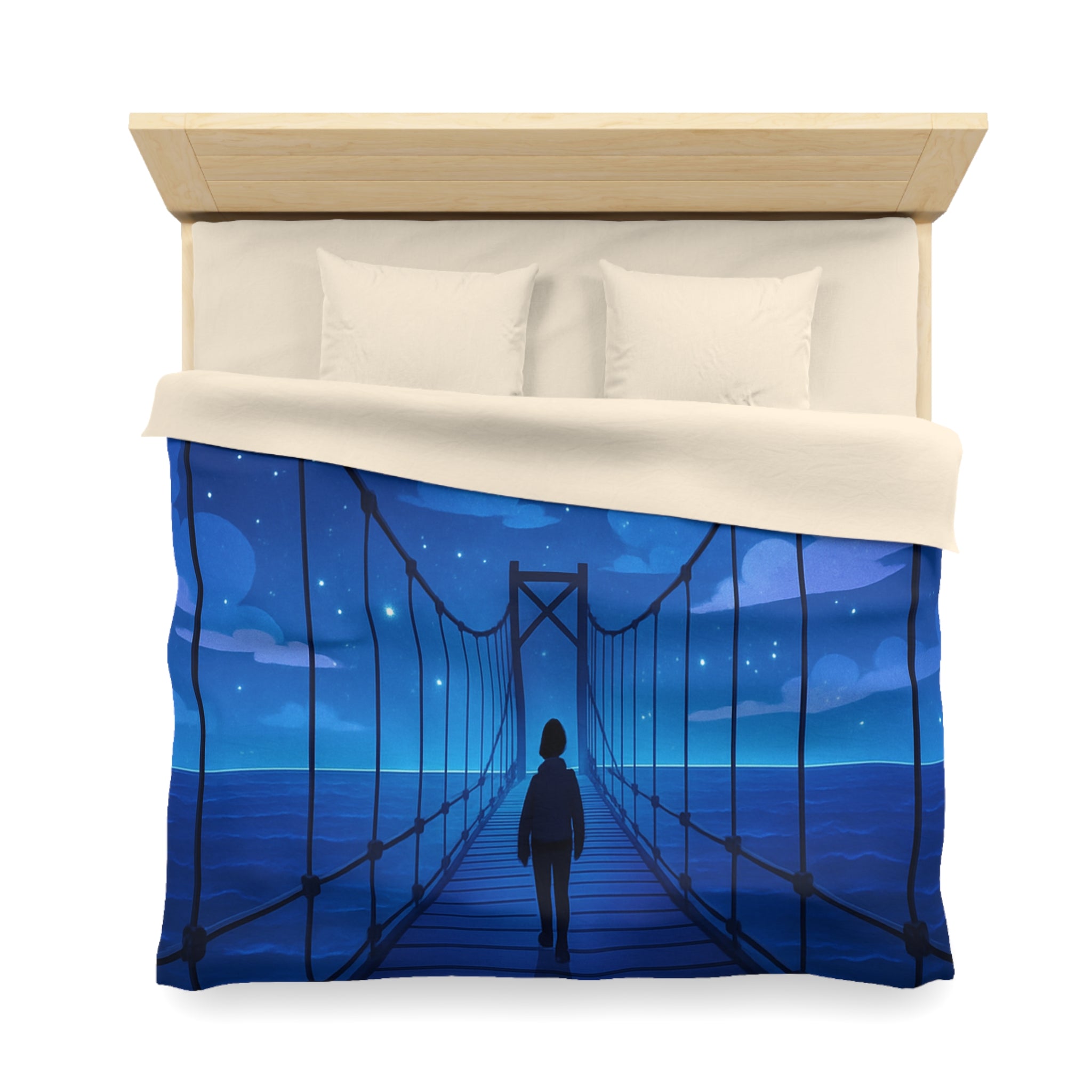 Housse de couette pont étoilé avec silhouette sous ciel nocturne bleu profond