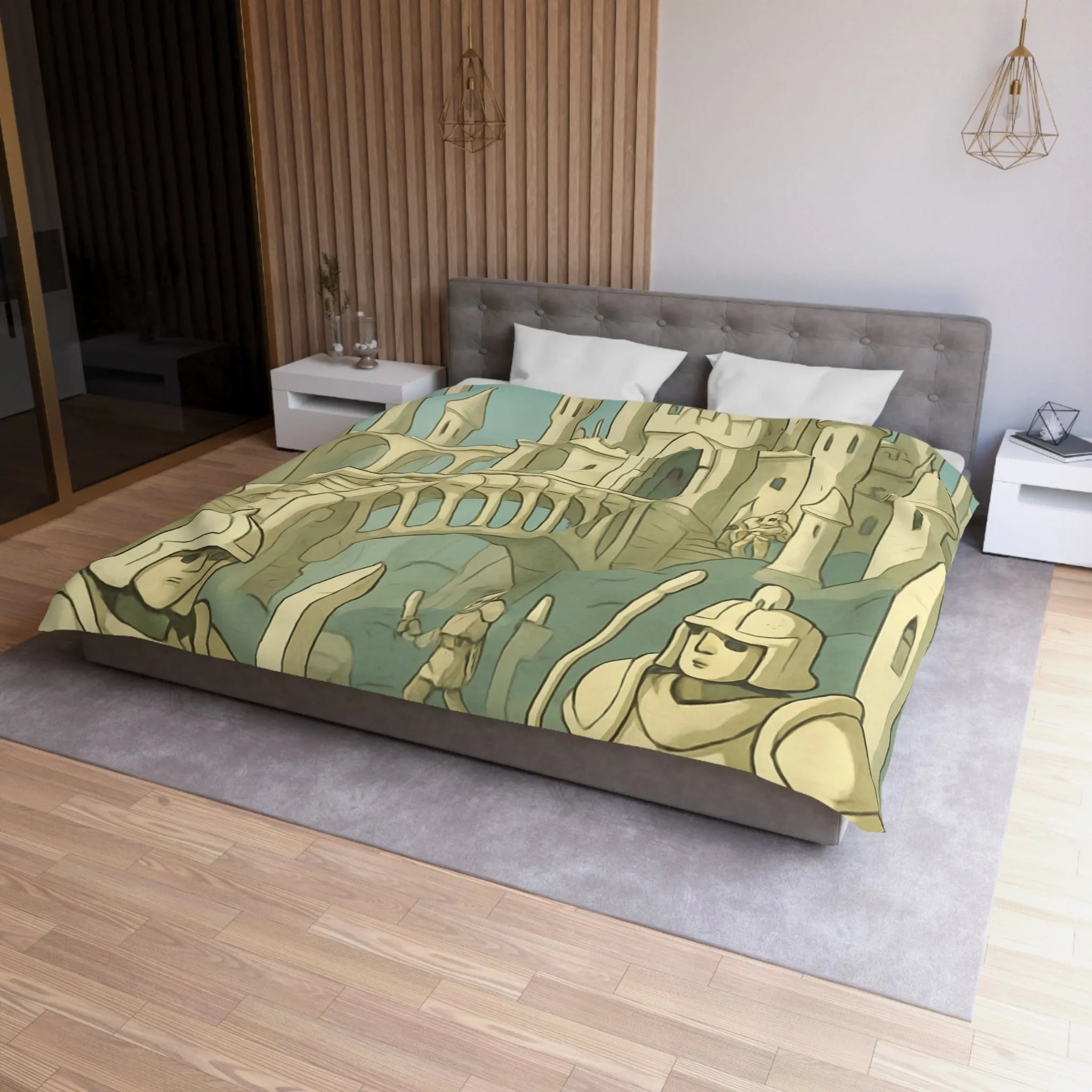 Housse de couette médiévale illustrée avec château crâne et chevaliers en armure
