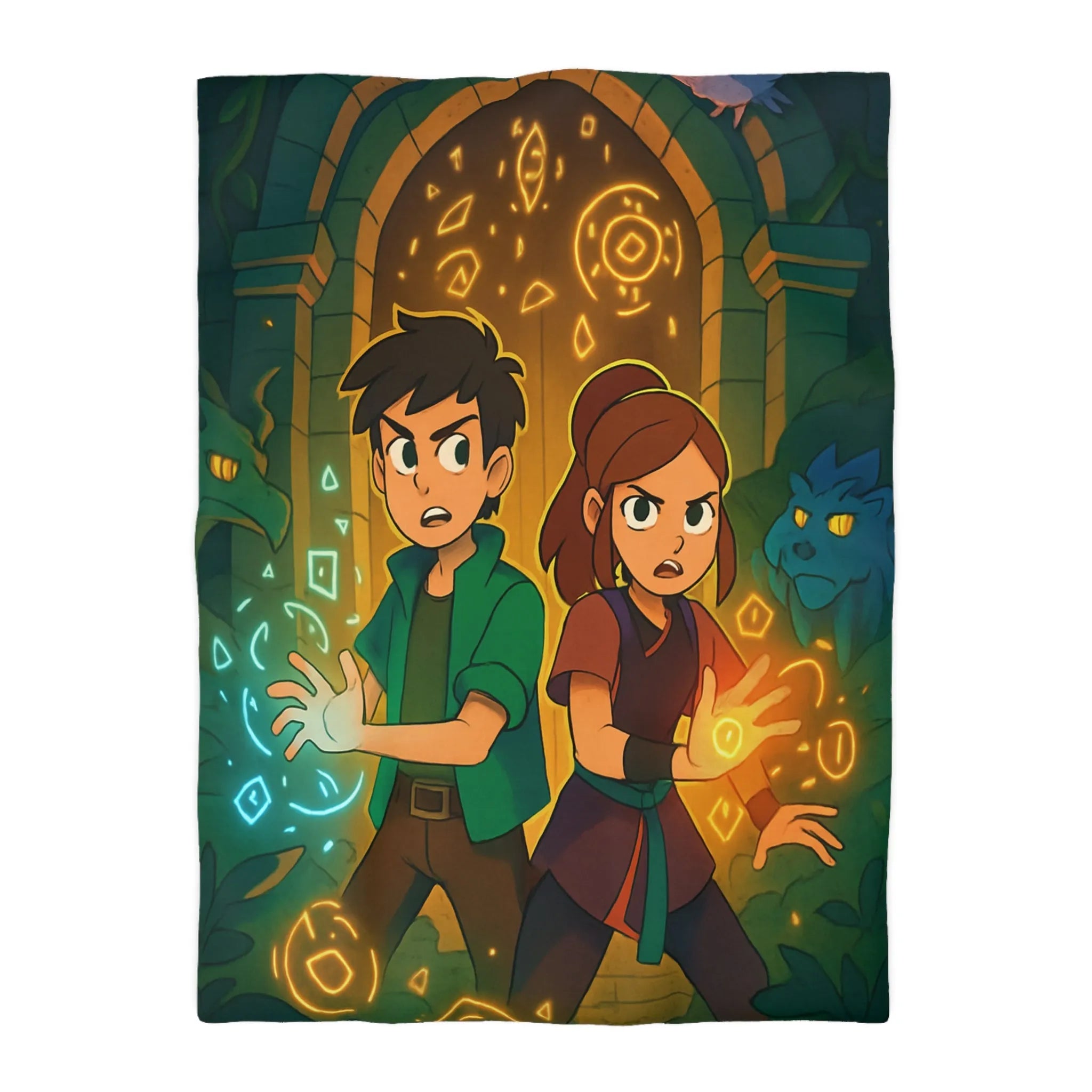 Housse de Couette Magique avec Enfants et Symboles Lumineux Devant un Portail Mystique