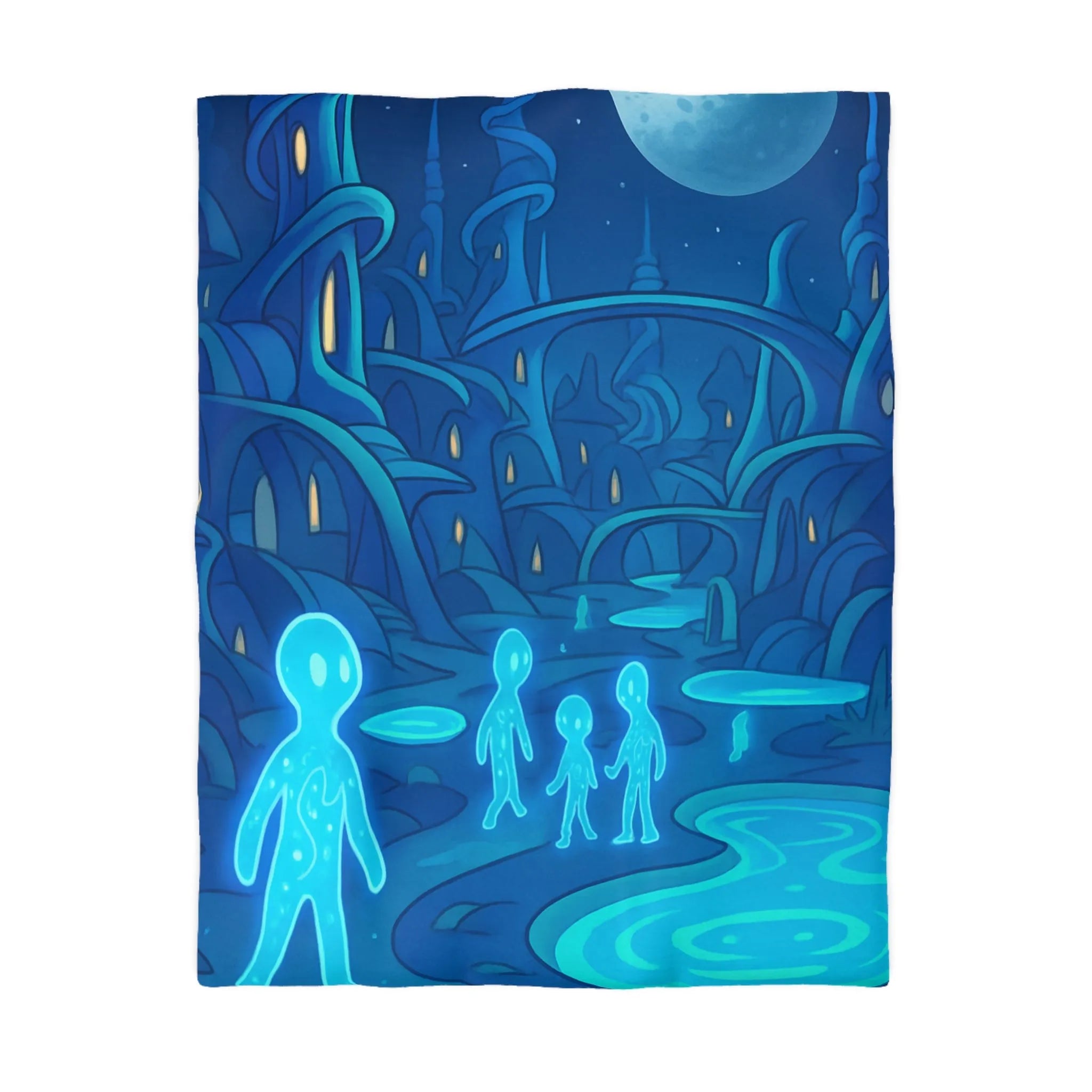 Housse de couette fantastique avec paysage extraterrestre, créatures lumineuses et lune mystique