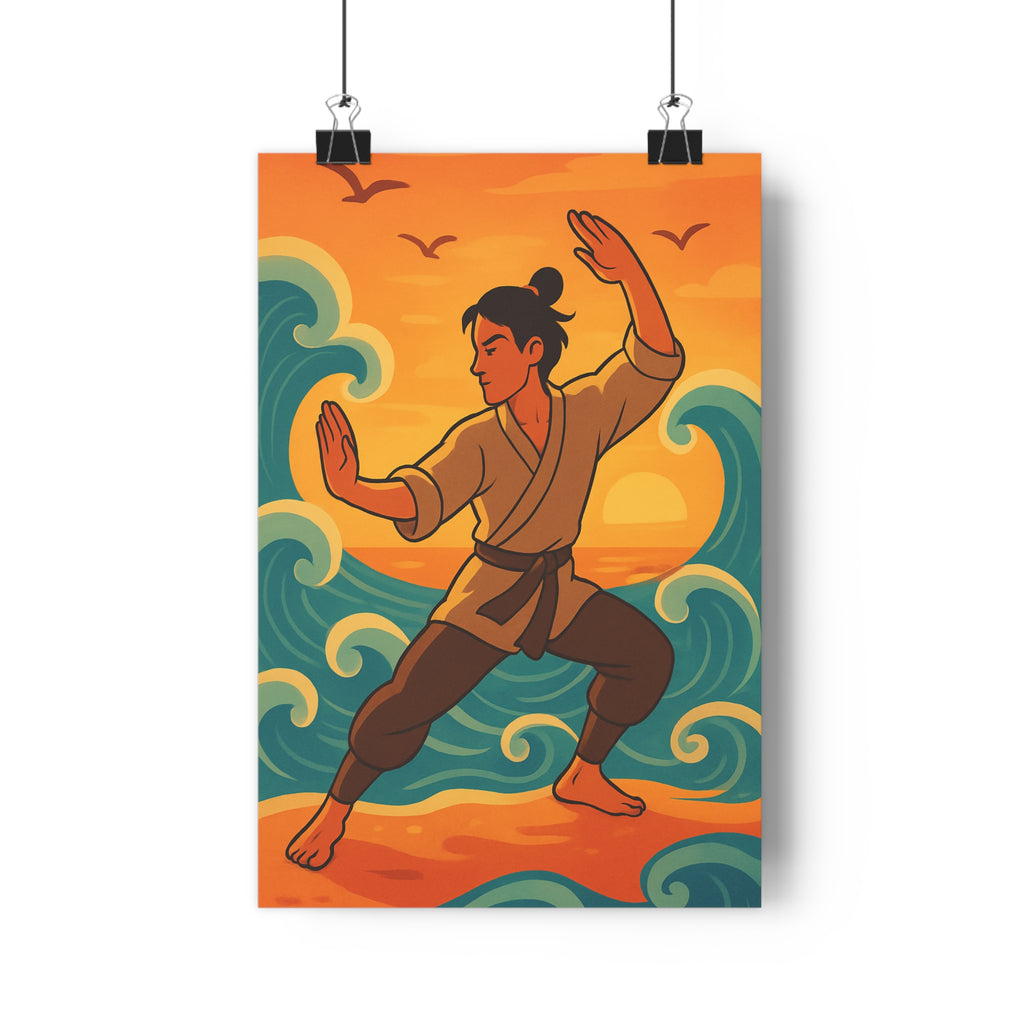 Poster décoratif yoga méditation bleu turquoise coucher soleil cartoon paisible salon chambre bureau zen