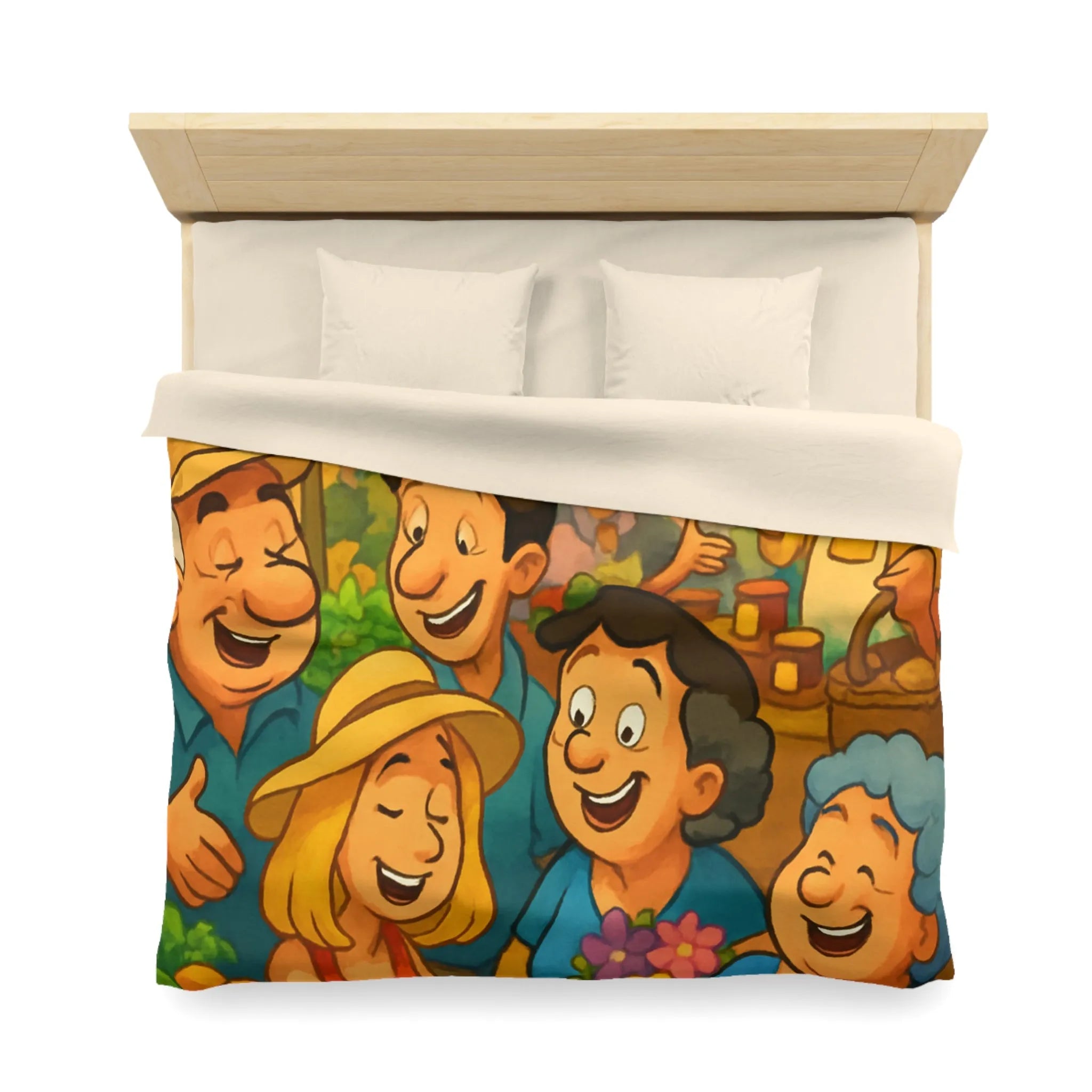 Housse de couette avec illustration joyeuse d'un marché animé et coloré