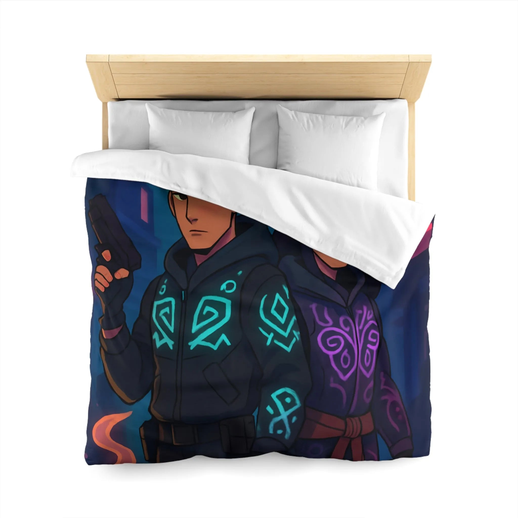 Housse de couette avec motifs mystiques de loup et hibou luminescents en néon urbain