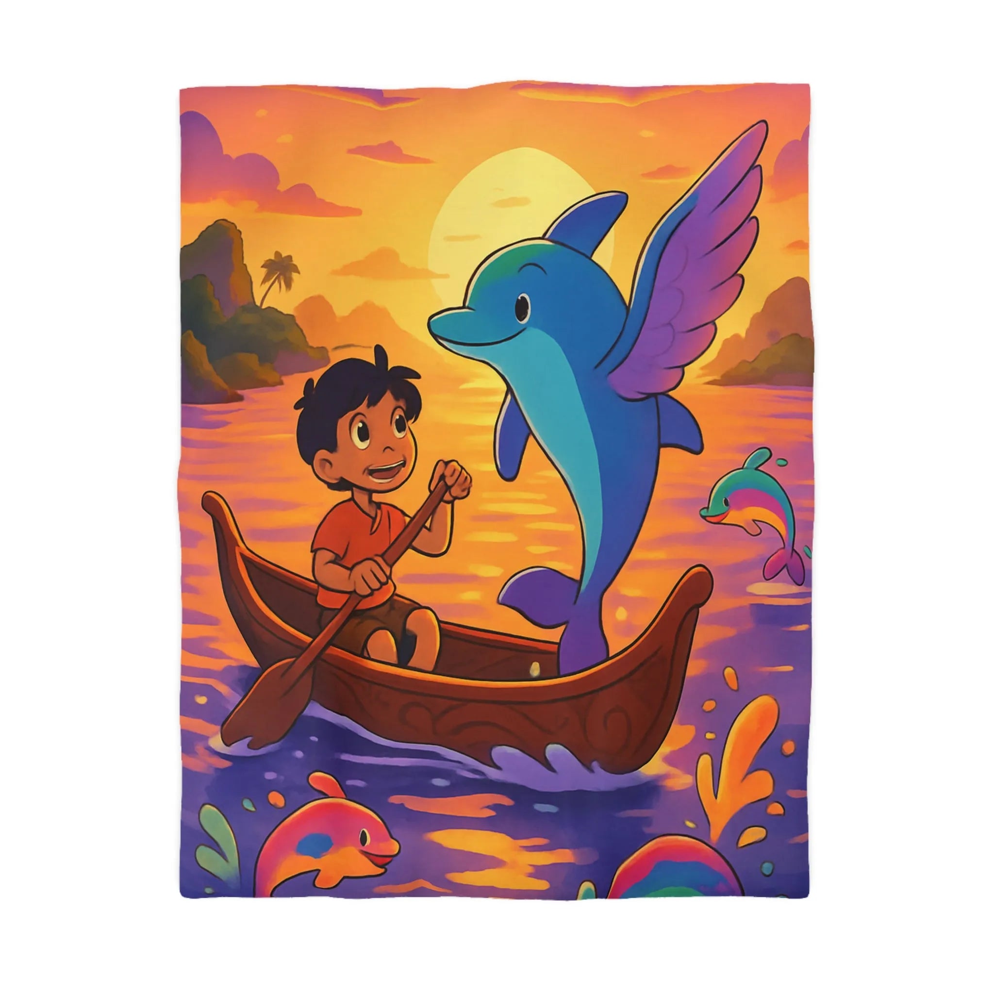 Housse de Couette Enfant : Dauphin Bleu, Aventure en Barque, Coucher de Soleil