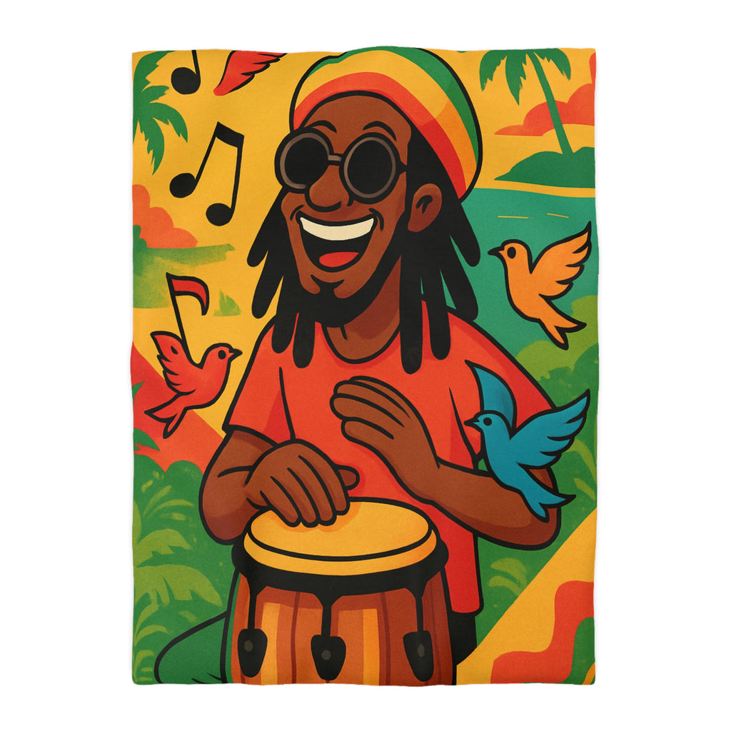 Housse de couette vibrante arc-en-ciel reggae avec tambour, palmiers et oiseaux colorés