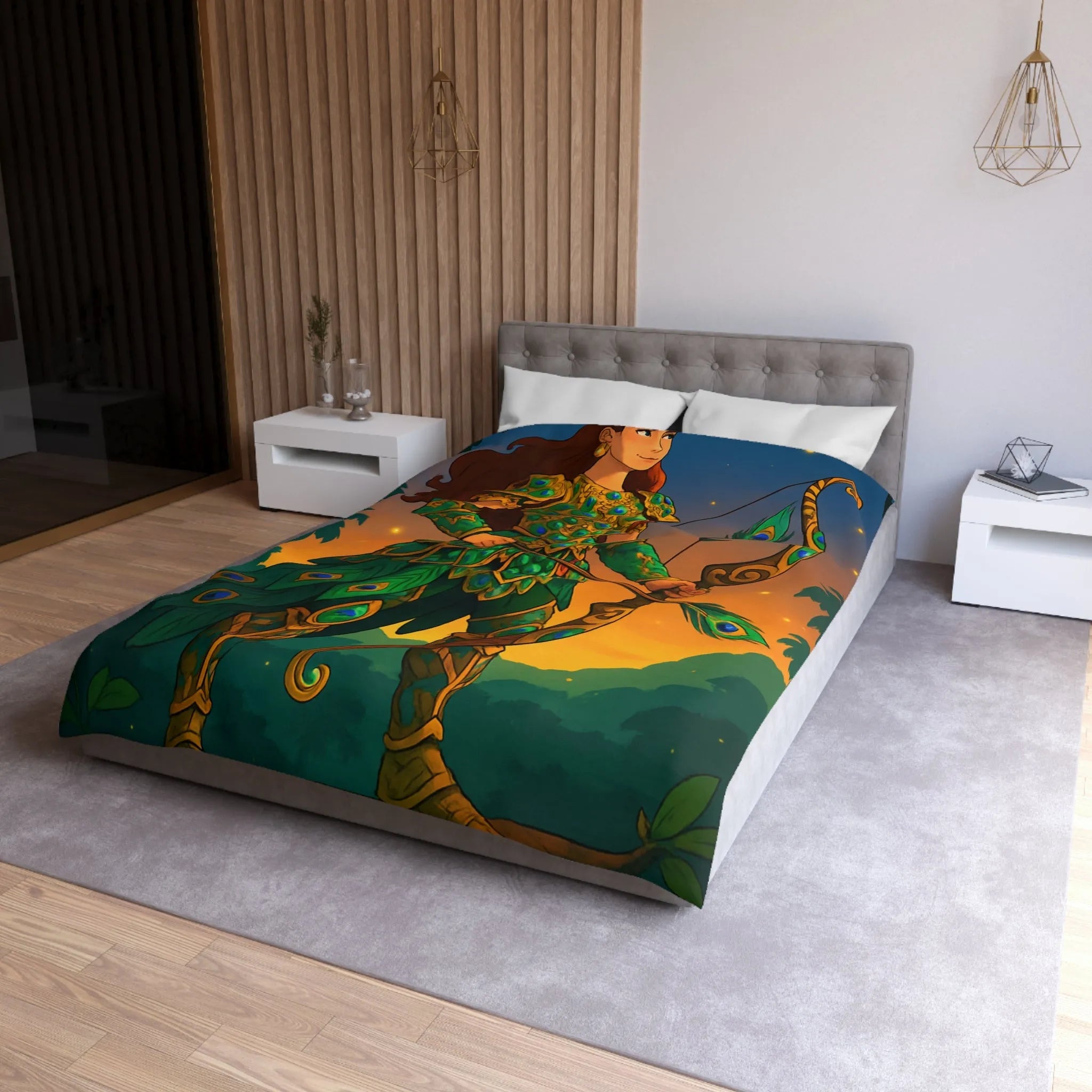Housse de couette avec guerrière médiévale aux couleurs chatoyantes et motifs de paon