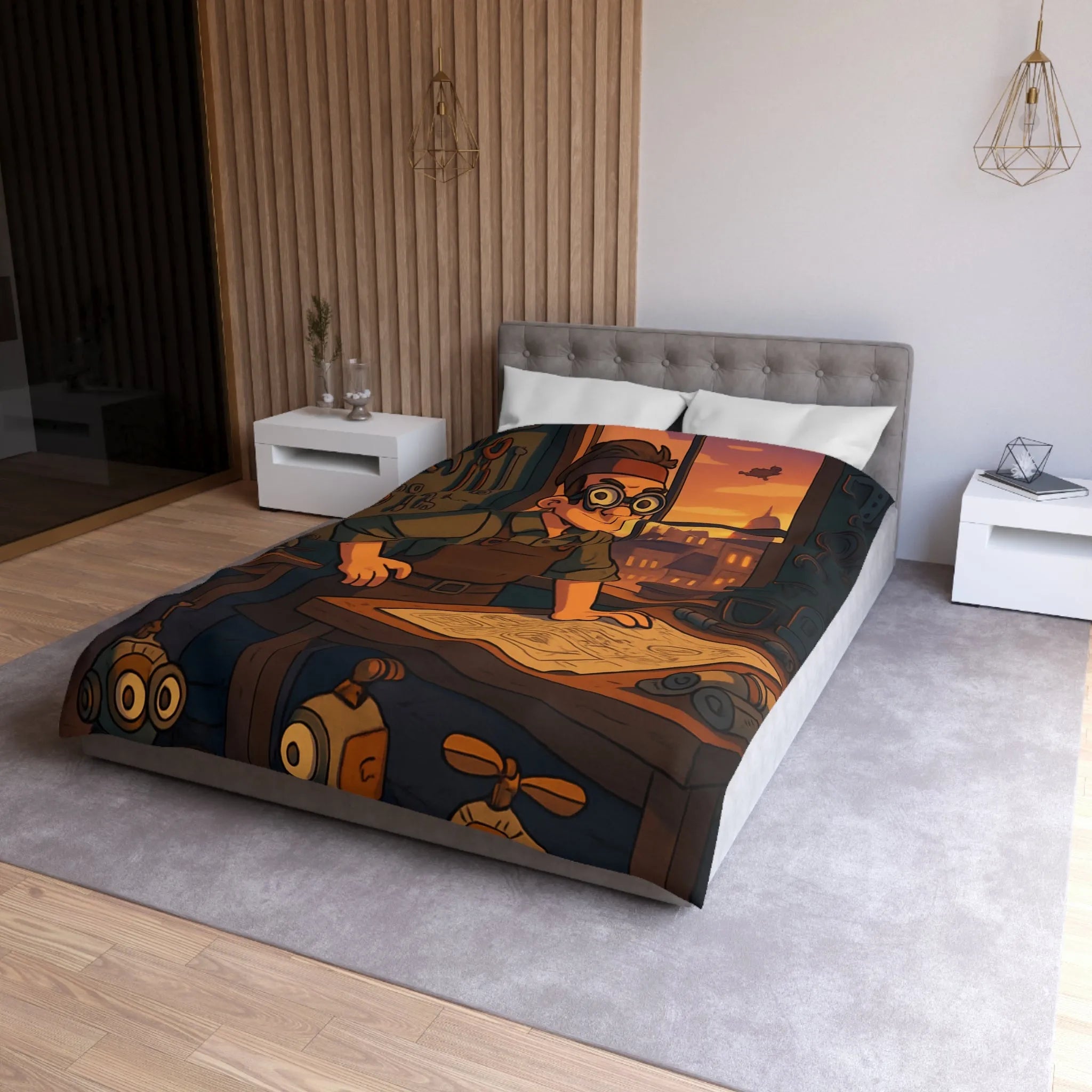 Housse de couette enfant avec illustration atelier rétro et robots amusants pour inventeur