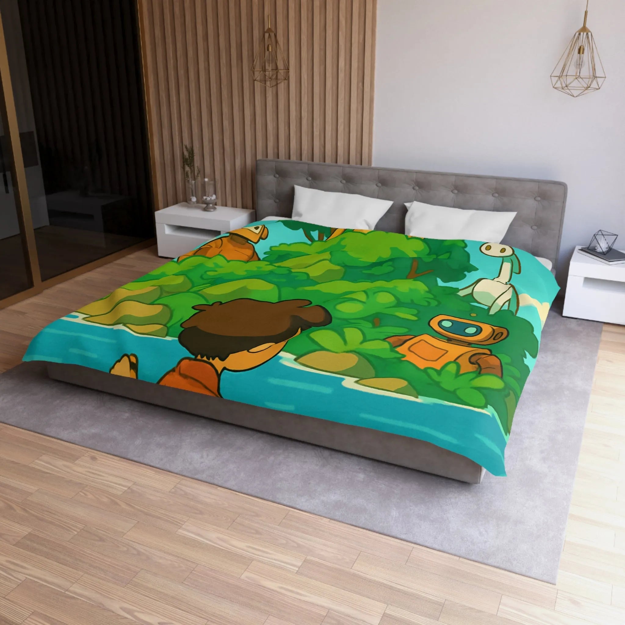 Housse de couette avec robots ludiques et enfant en bateau sur lac serein