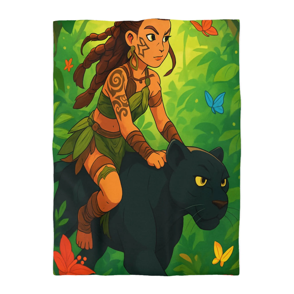 Housse de couette jungle avec fille guerrière et panthère noire pour chambre colorée
