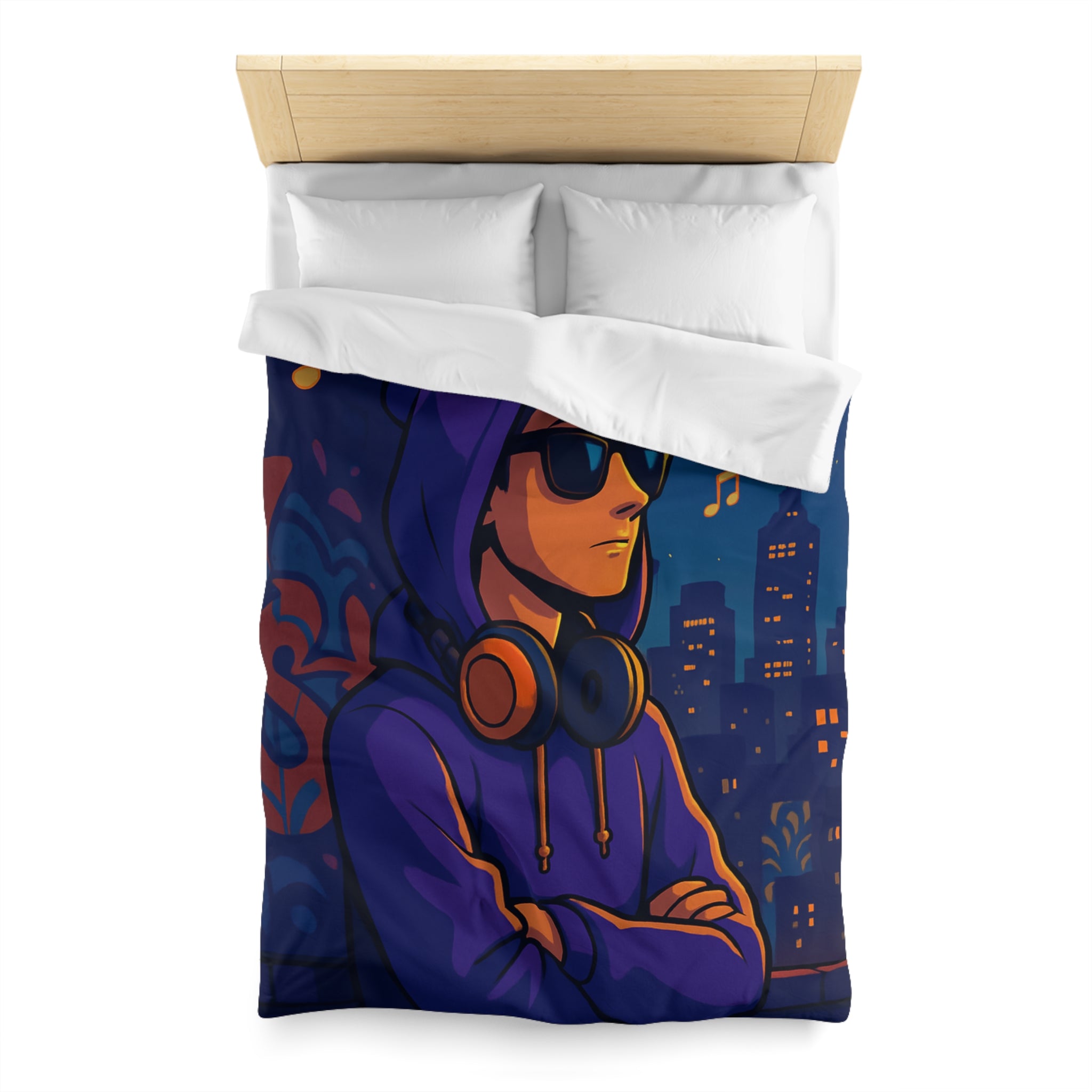 Housse de Couette Style Urbain avec Motifs Musique et Paysage Nocturne Animé