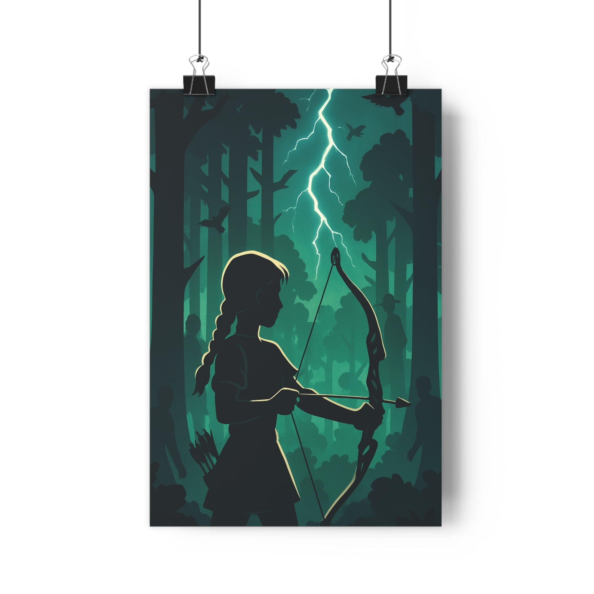 Poster décoratif cartoon vert noir aventure mystique forêt archer silhouette chambre bureau moderne captivant