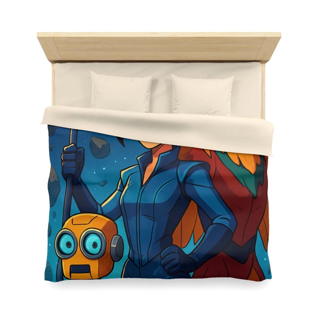 Housse de couette colorée avec exploratrice, robot et oiseau dans l'espace étoilé
