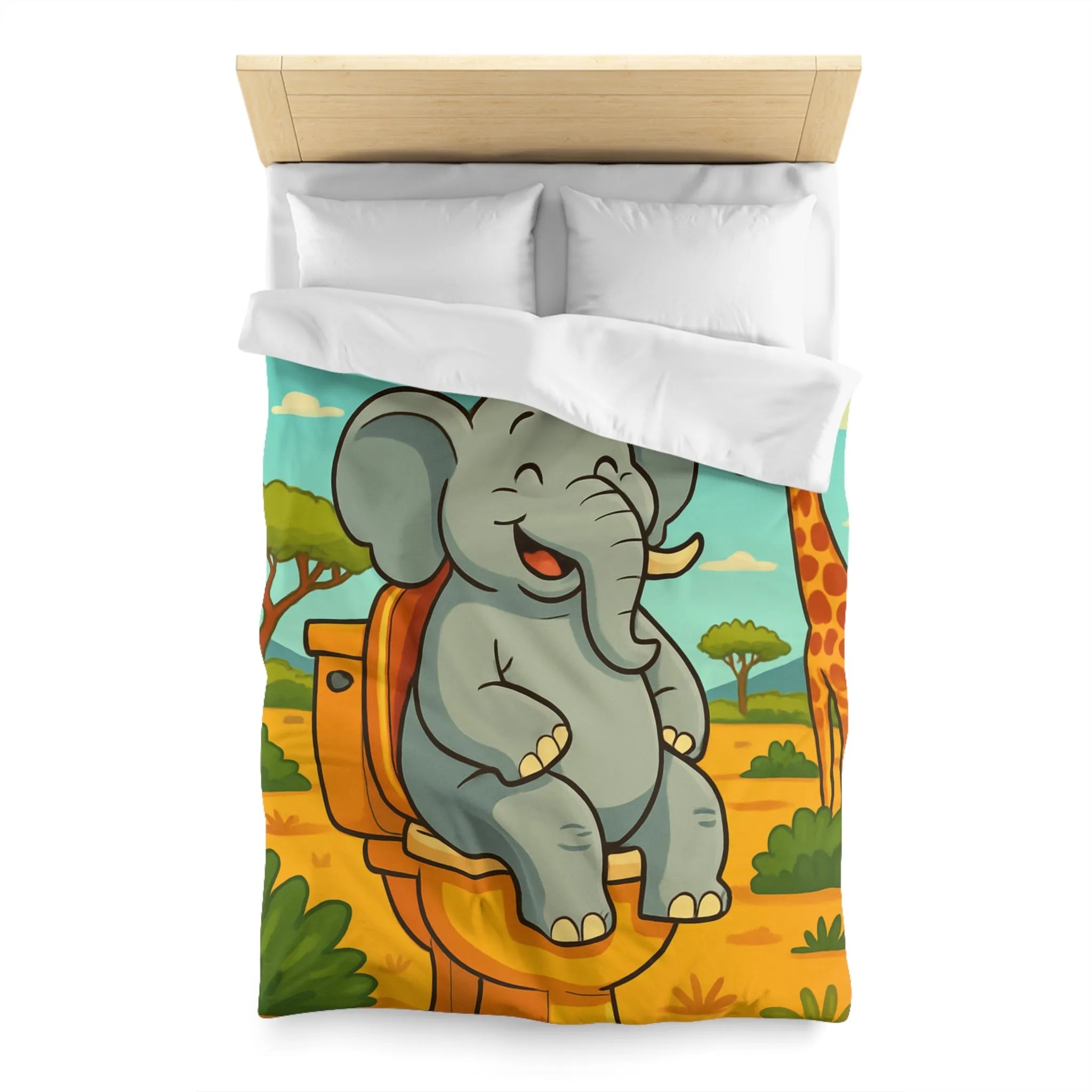 Housse de couette joyeuse éléphant sur toilettes en pleine savane colorée