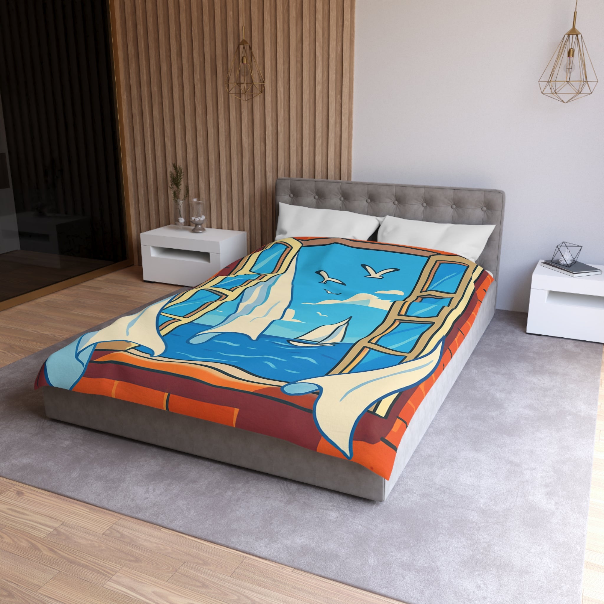 Housse de couette paysage marin fenêtre ouverte, voilier et ciel bleu serein