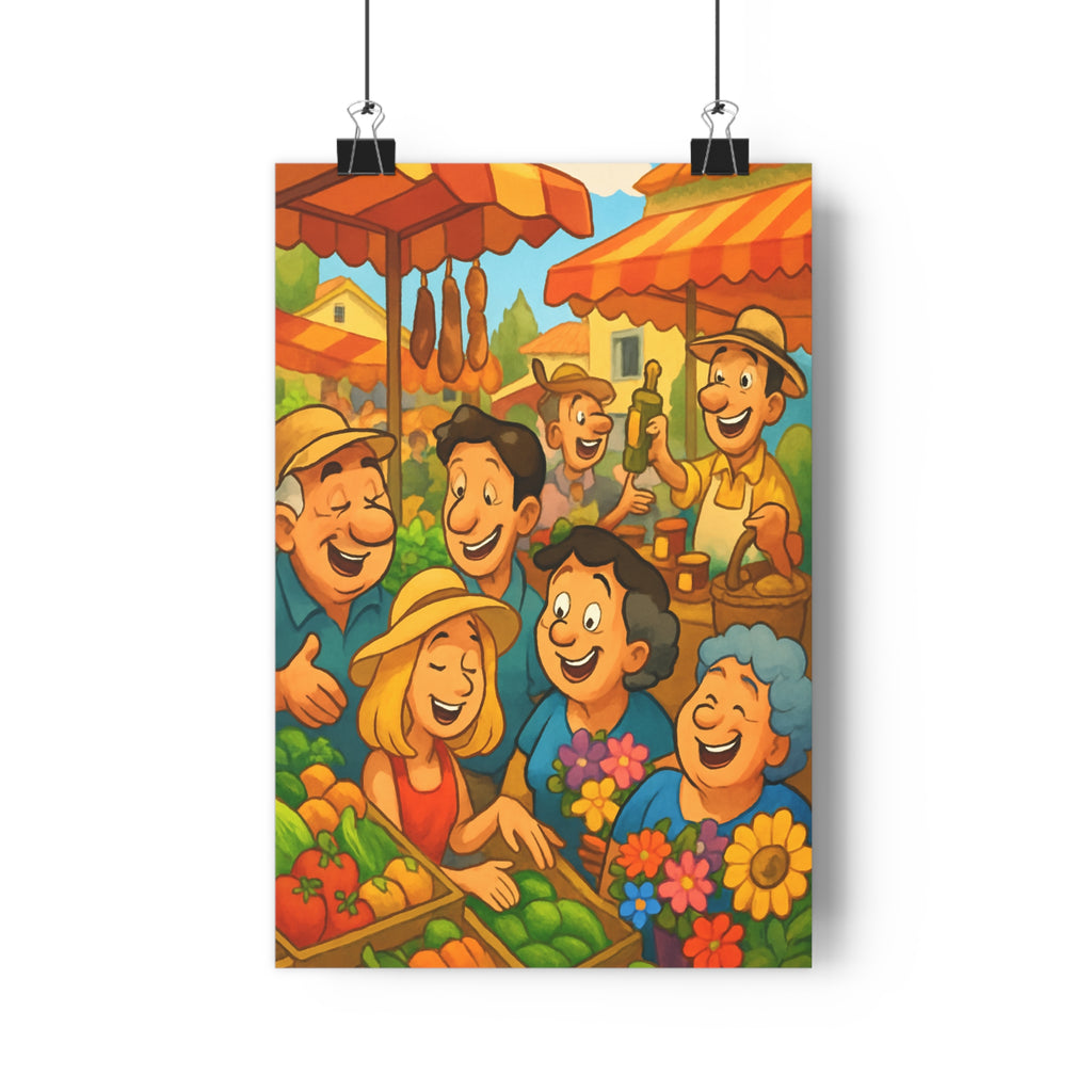 Poster décoratif cartoon joyeux cuisine salon provençal marché animé couleurs chaudes format 30x46 convivialité