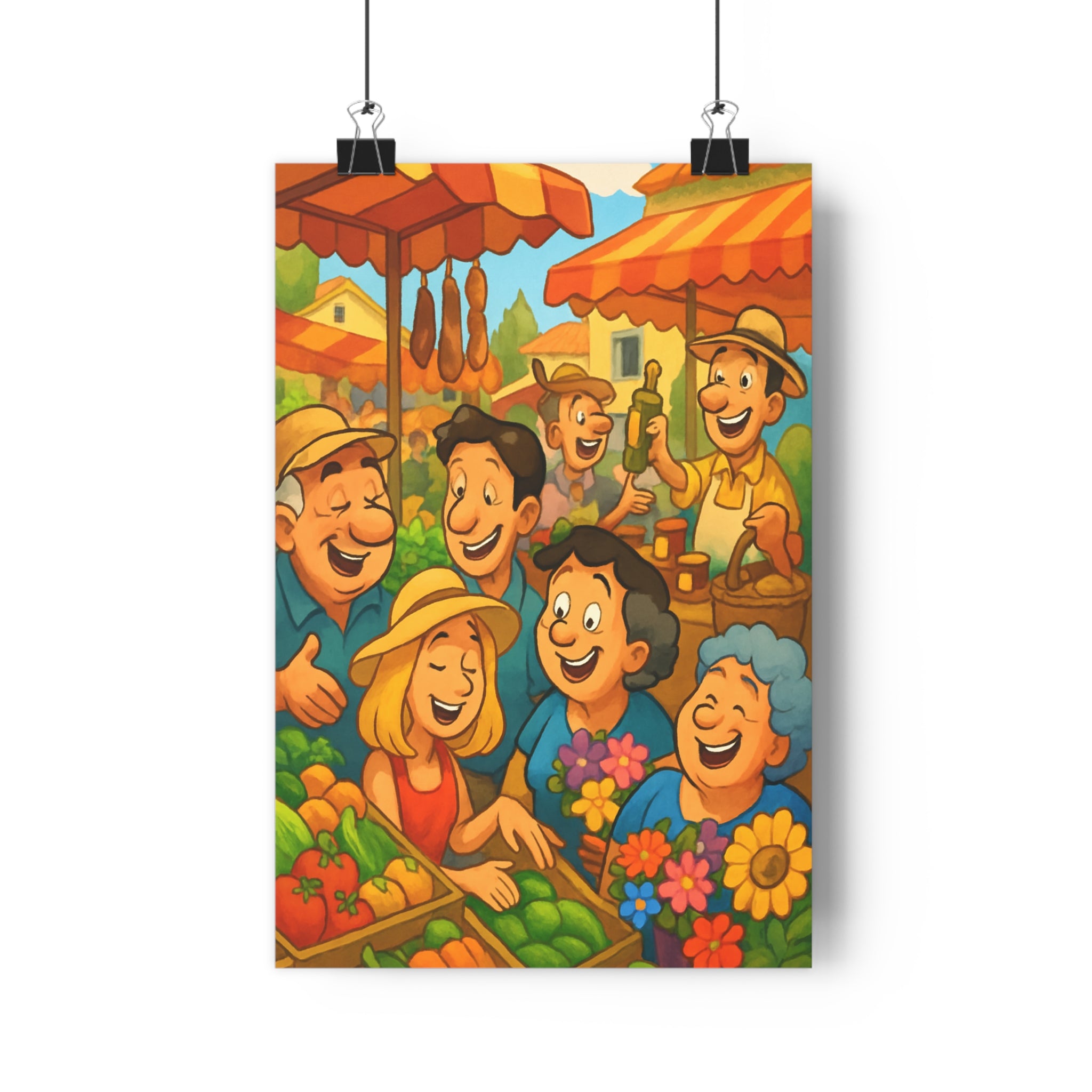 Poster décoratif cartoon joyeux cuisine salon provençal marché animé couleurs chaudes format 30x46 convivialité