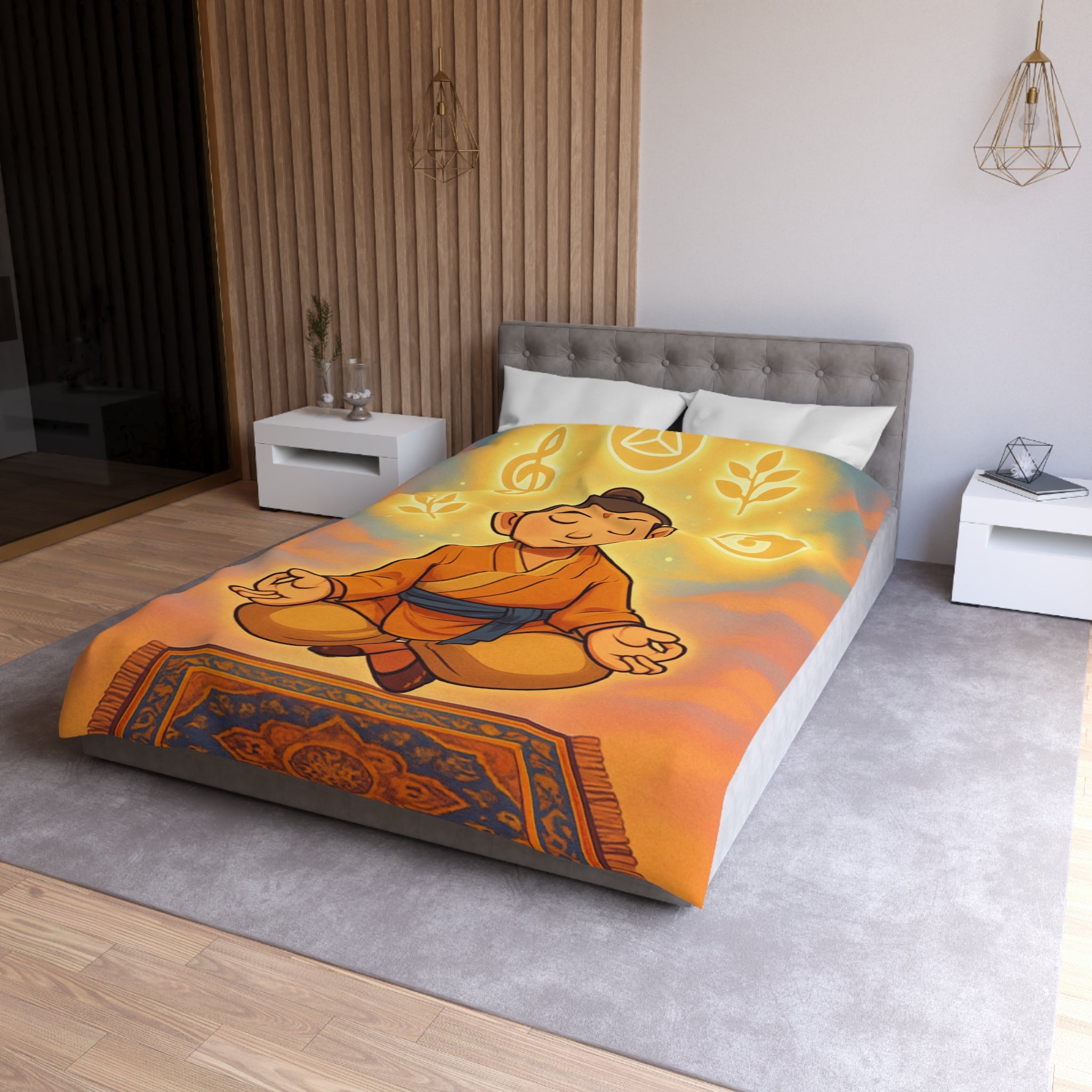 Housse de couette zen avec méditation, symboles spirituels, orange et bleu apaisant