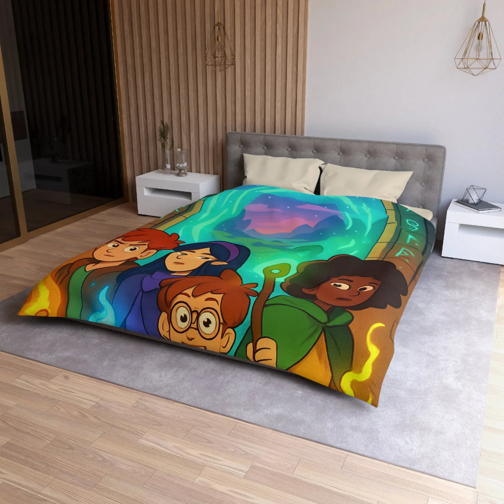 Housse de couette magique avec aventuriers devant portail et runes lumineuses