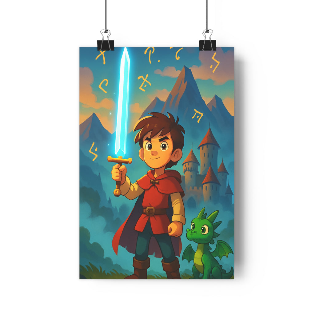 Poster décoratif enfant héros épée lumineuse dragon vert château médiéval animé fantastique chambre aventure