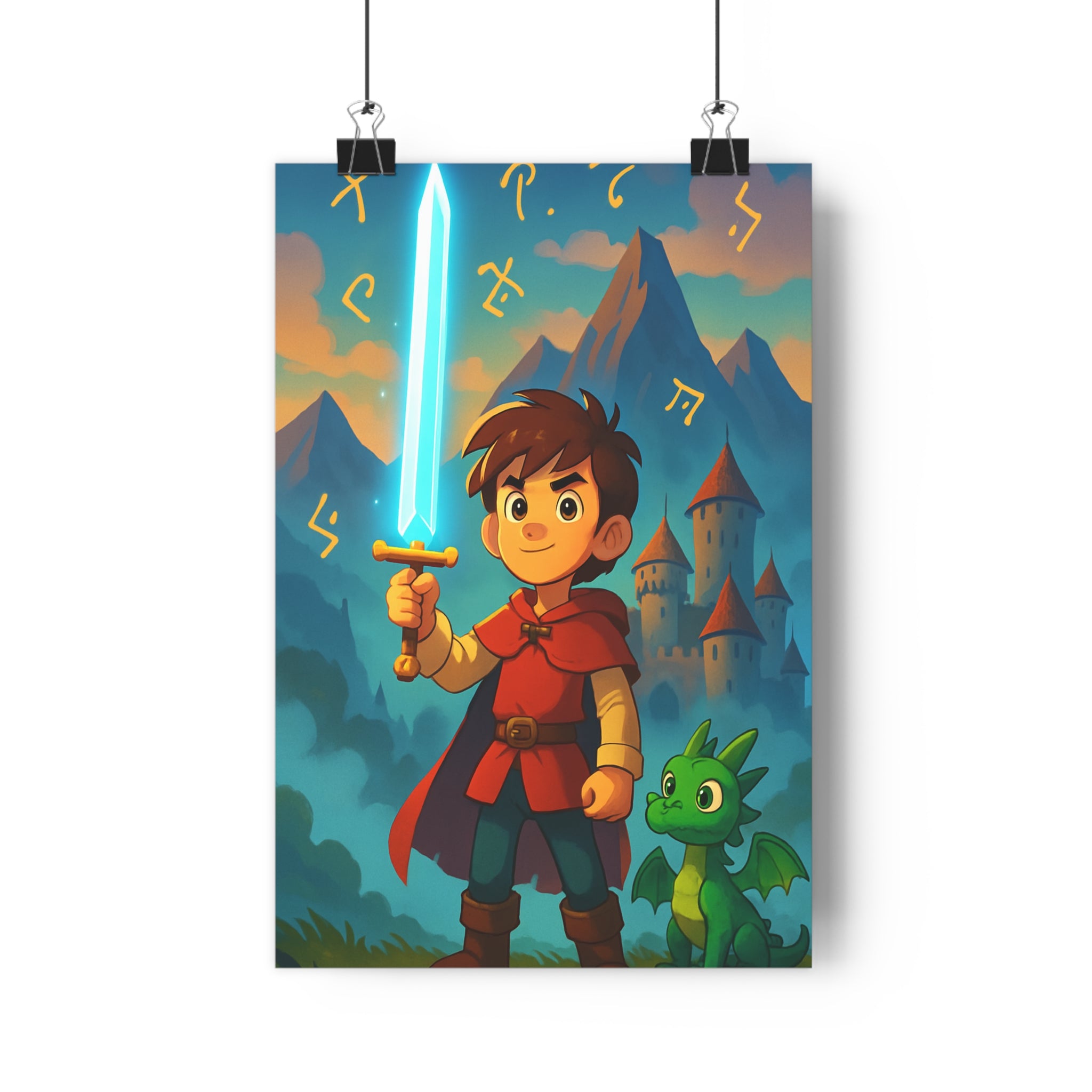 Poster décoratif enfant héros épée lumineuse dragon vert château médiéval animé fantastique chambre aventure