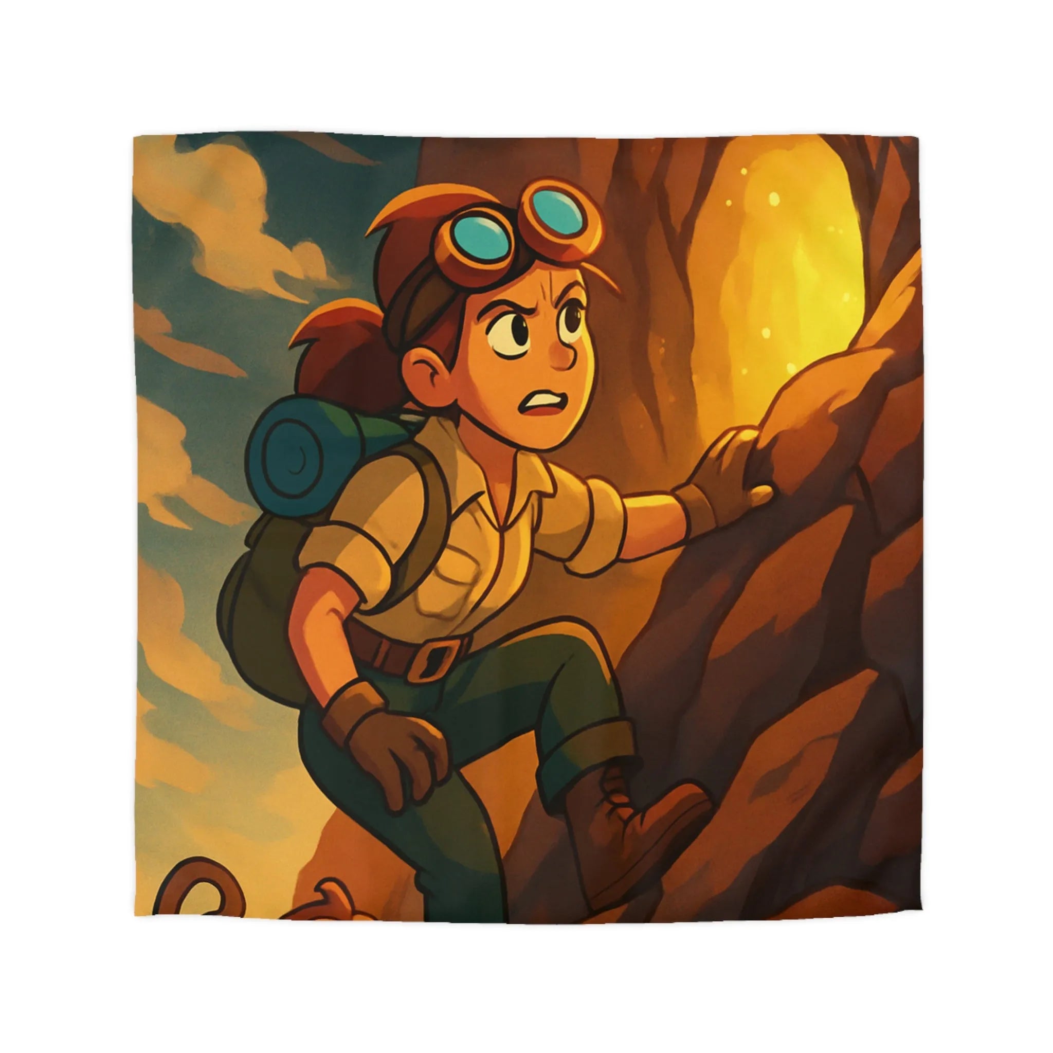 Housse de couette aventure colorée avec jeune explorateur et singe devant grotte lumineuse