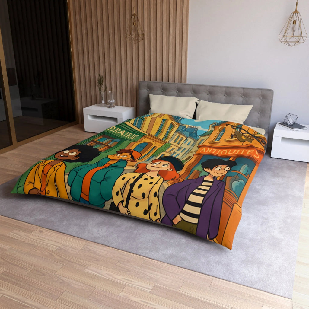 Housse de couette élégante avec design de rue parisienne animée et jeunes explorateurs