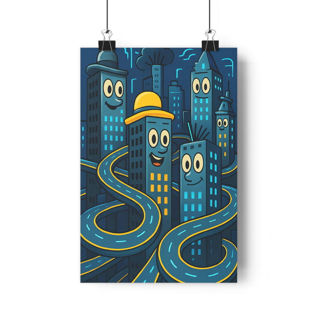 Poster décoratif moderne cartoon bleu jaune futuriste ludique salon chambre bureau dynamique urbain 30x46