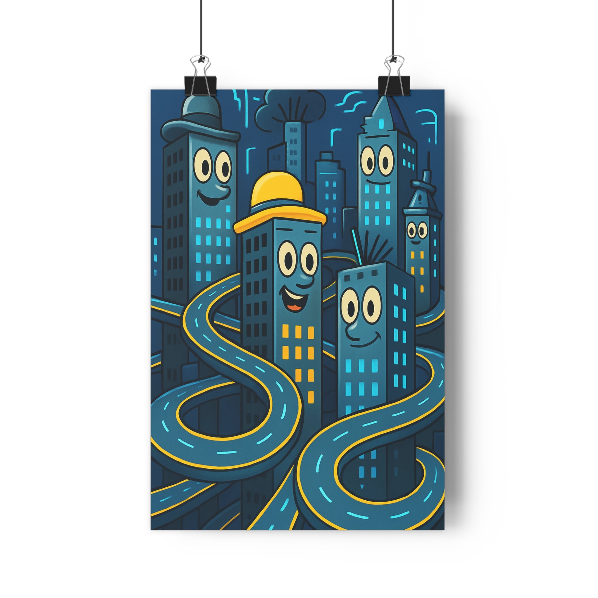 Poster décoratif moderne cartoon bleu jaune futuriste ludique salon chambre bureau dynamique urbain 30x46