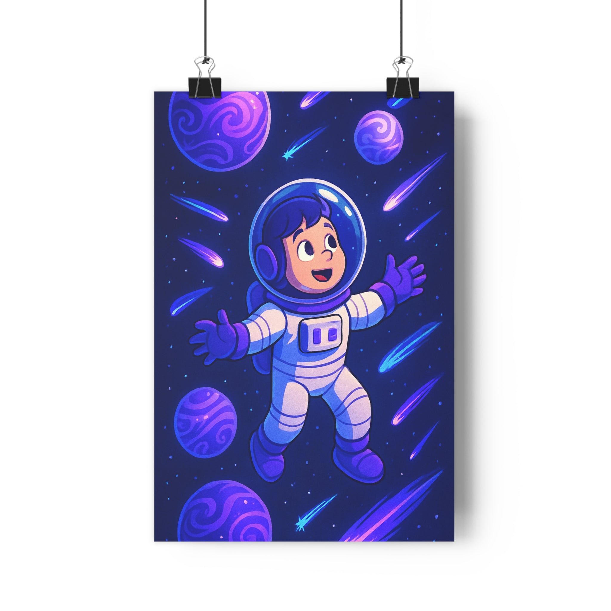 Poster décoratif astronaute violet bleu enfant joyeux aventure univers cosmique chambre bureau moderne inspitant