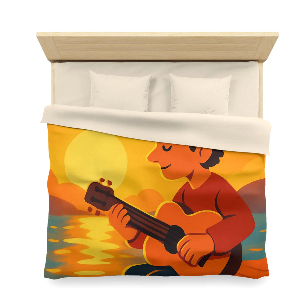Housse de couette avec illustration relaxante d'un coucher de soleil et musicien