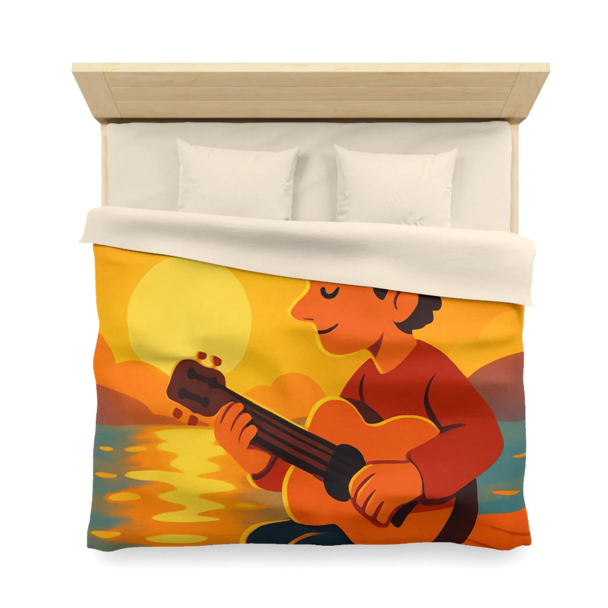 Housse de couette avec illustration relaxante d'un coucher de soleil et musicien