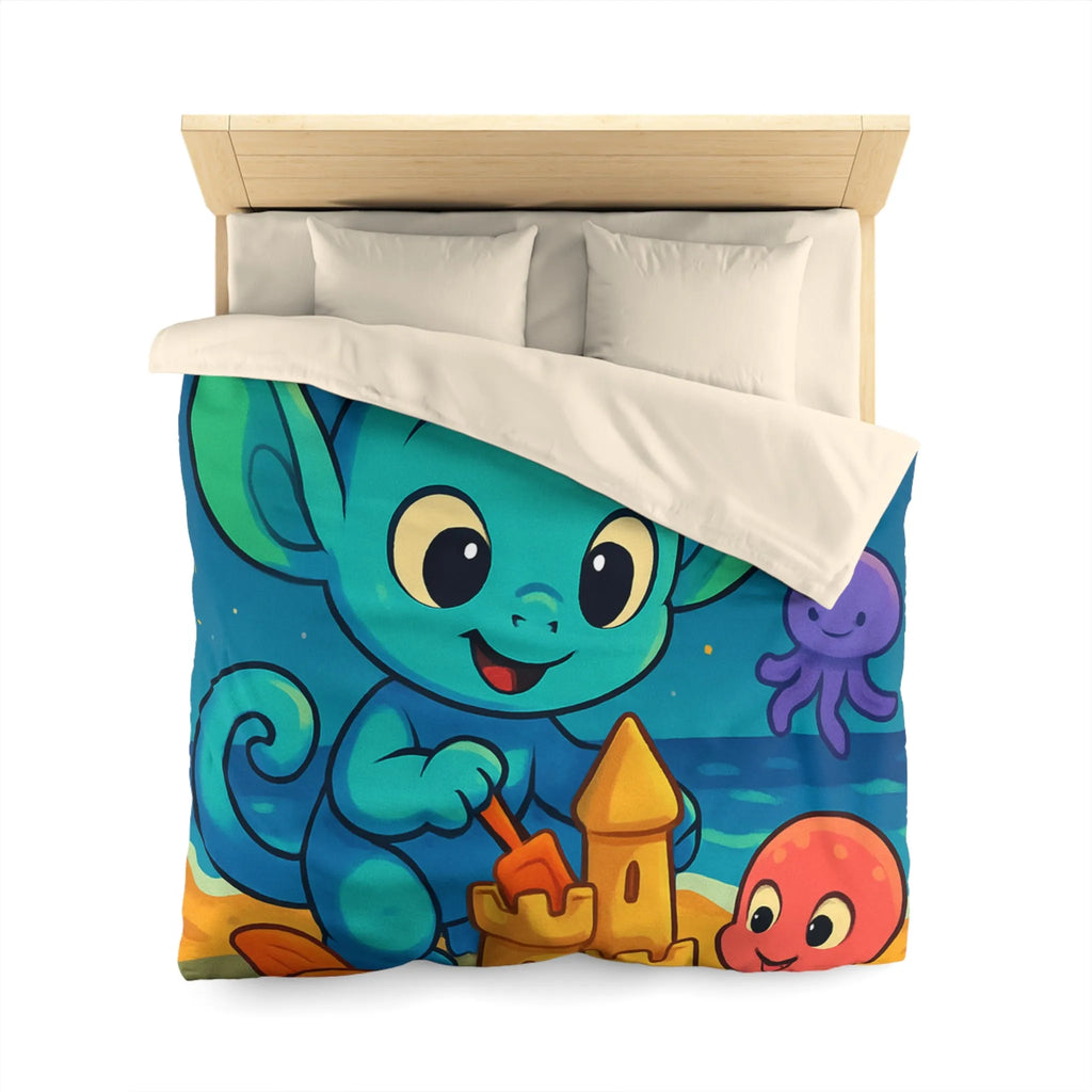 Housse de couette enfant avec créature bleue construisant un château de sable amusant