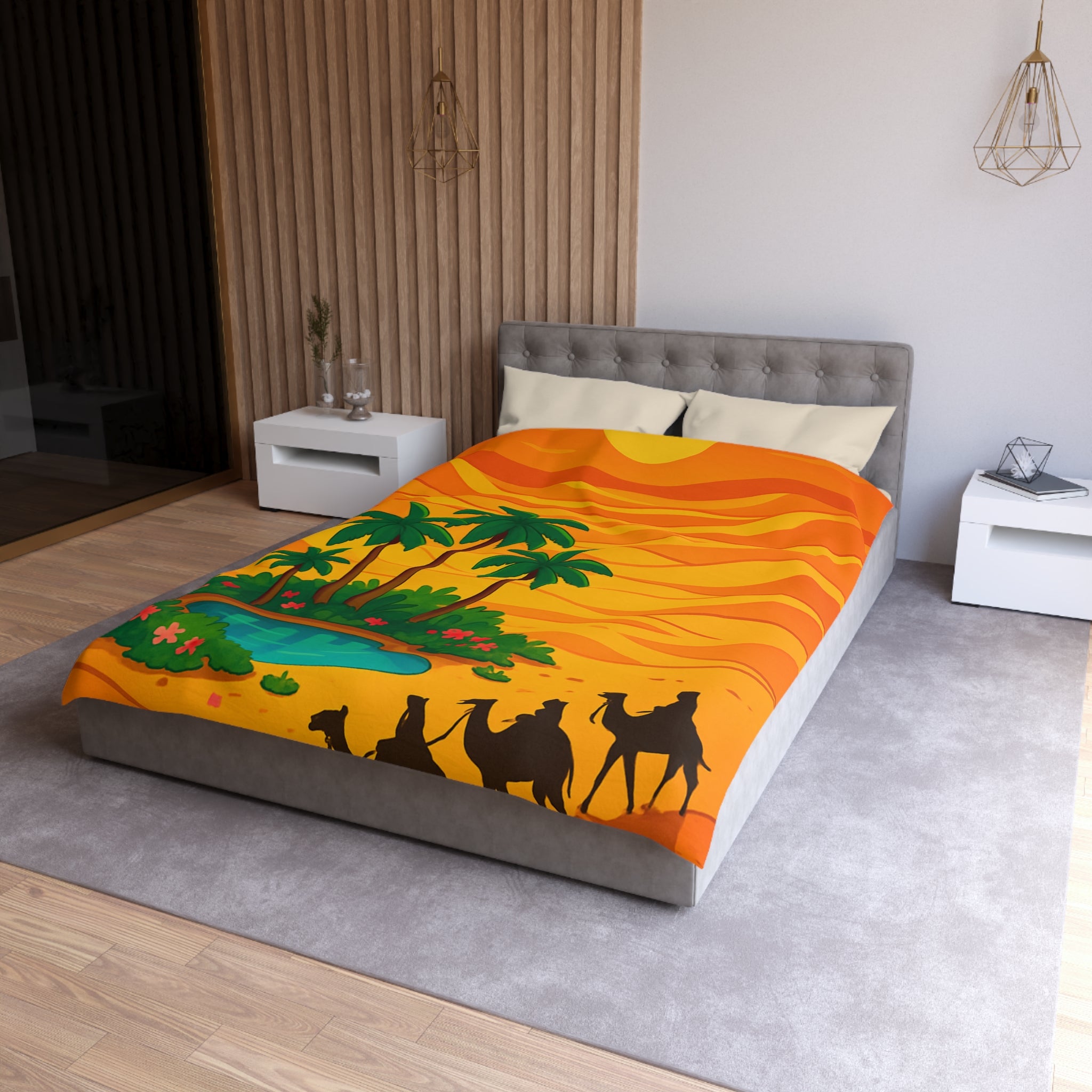 Sublime coucher de soleil désertique avec oasis et caravanes de chameaux en ombres chinoises